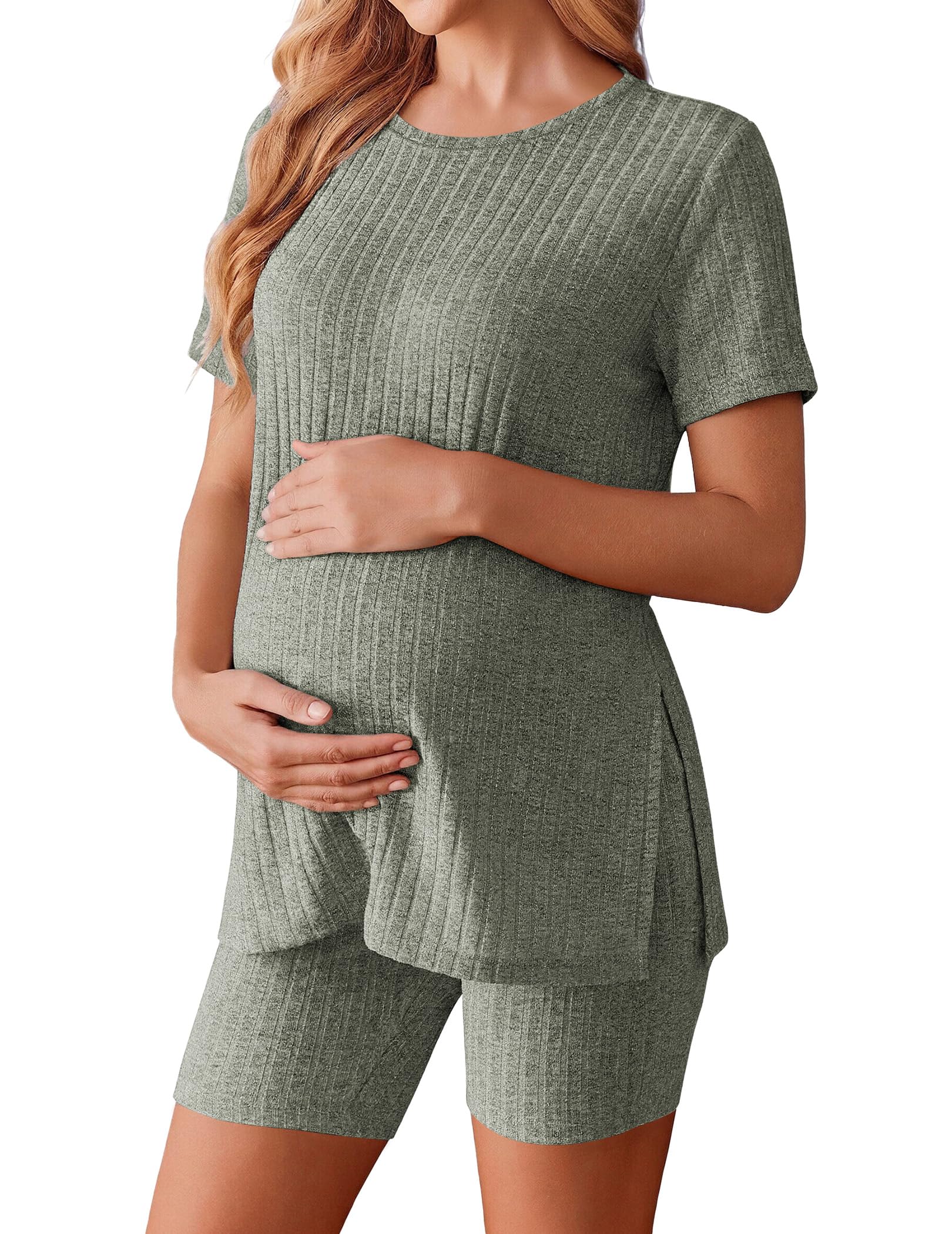 Ekouaer Women's Maternity 2 Piece Sets Short Sleeve Shirts and Biker Shorts