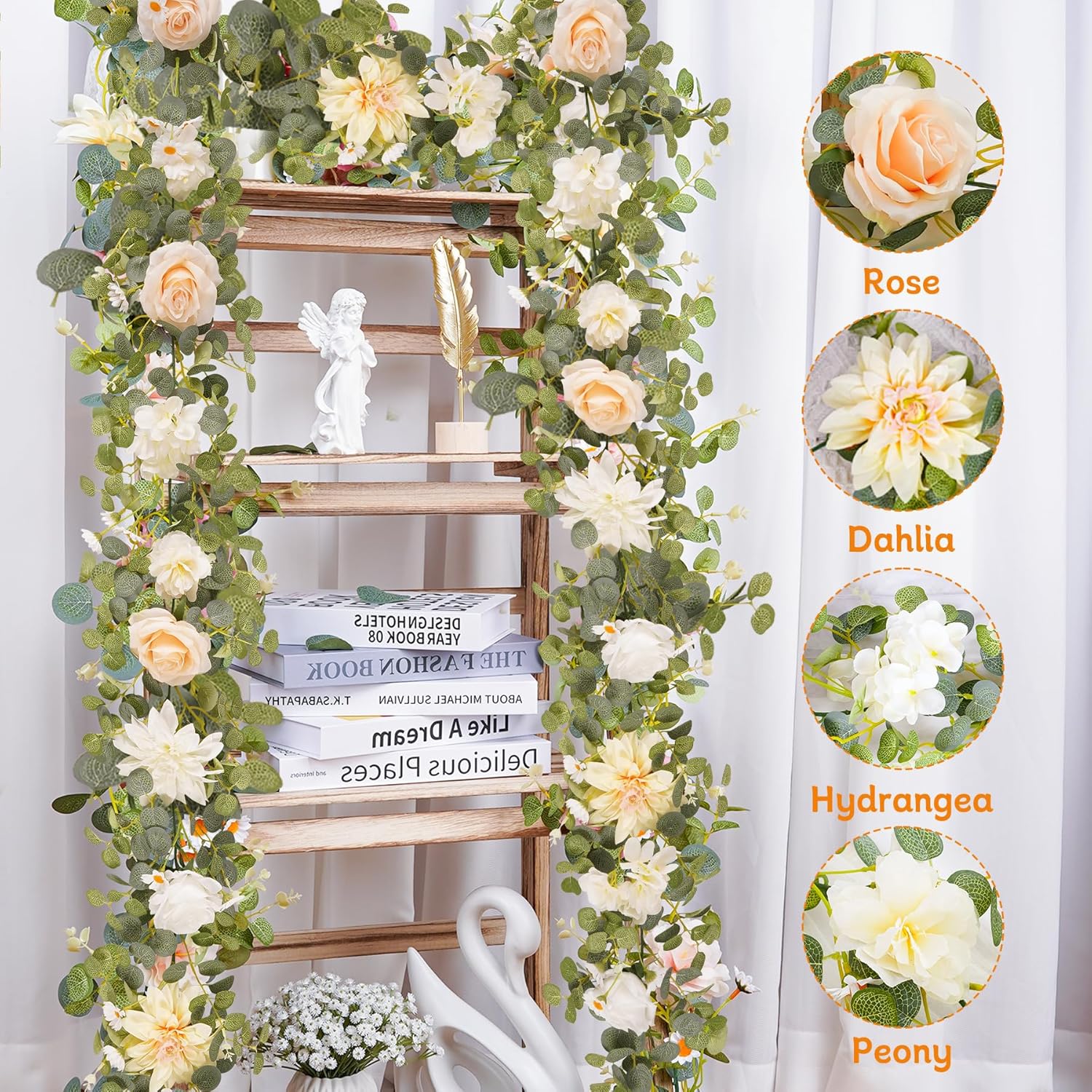 1 Pack Artificial Champagne Flower Garland Decor, 6.07Ft Fake Rose Hydrangeas Vines Hanging,Eucalyptus Garlands with Dahlia Floral Garland for Birthday Wedding Table Centerpieces Decorations - Image 3