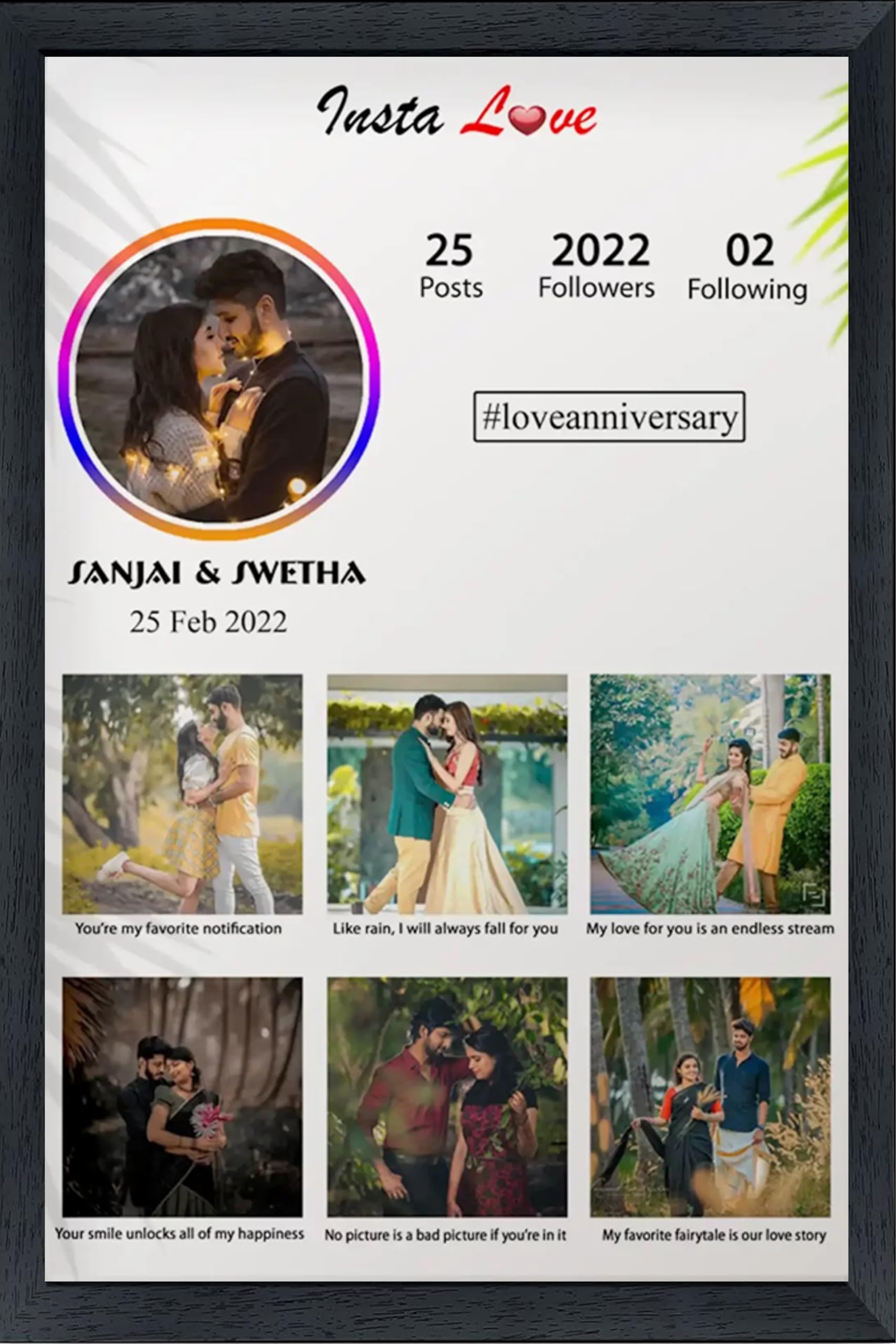 Heart Beat Customized Instagram Profile Collage Photo Frame For Wedding/Love Anniversary/Engagement I Size 12x18 Inch