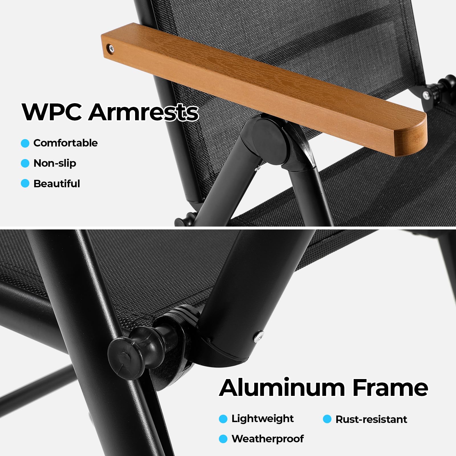LIFERUN Juego de 2 Sillas de Jardín Plegables de Aluminio con Reposabrazos Imitación Madera, Respaldo Alto Ajustable 7 Posiciones, Transpirables, Portátiles, Silla Exterior de Camping para Terraza