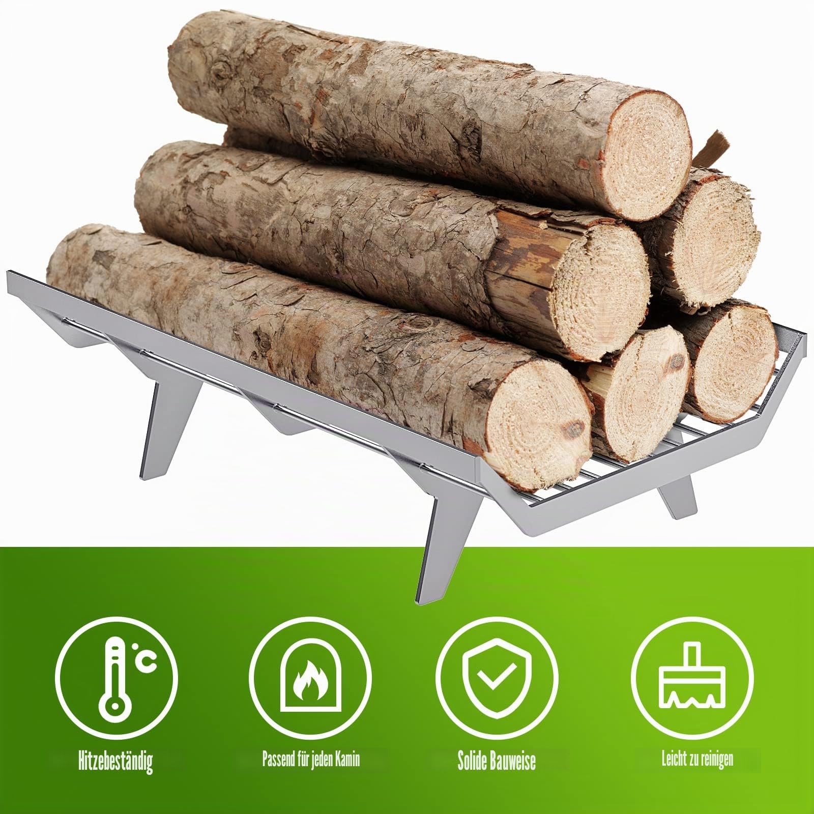 BeneLabel Kaminrost Schwerlast, Groß Kamin Feuerrost Holzwiegen Offenes Feuer Gitterrost Edelstahl Brennholz Kaminscheit Kohlerost für Innen Außen Brennen Ofen, 61 x 38 x 17cm/4 Beine