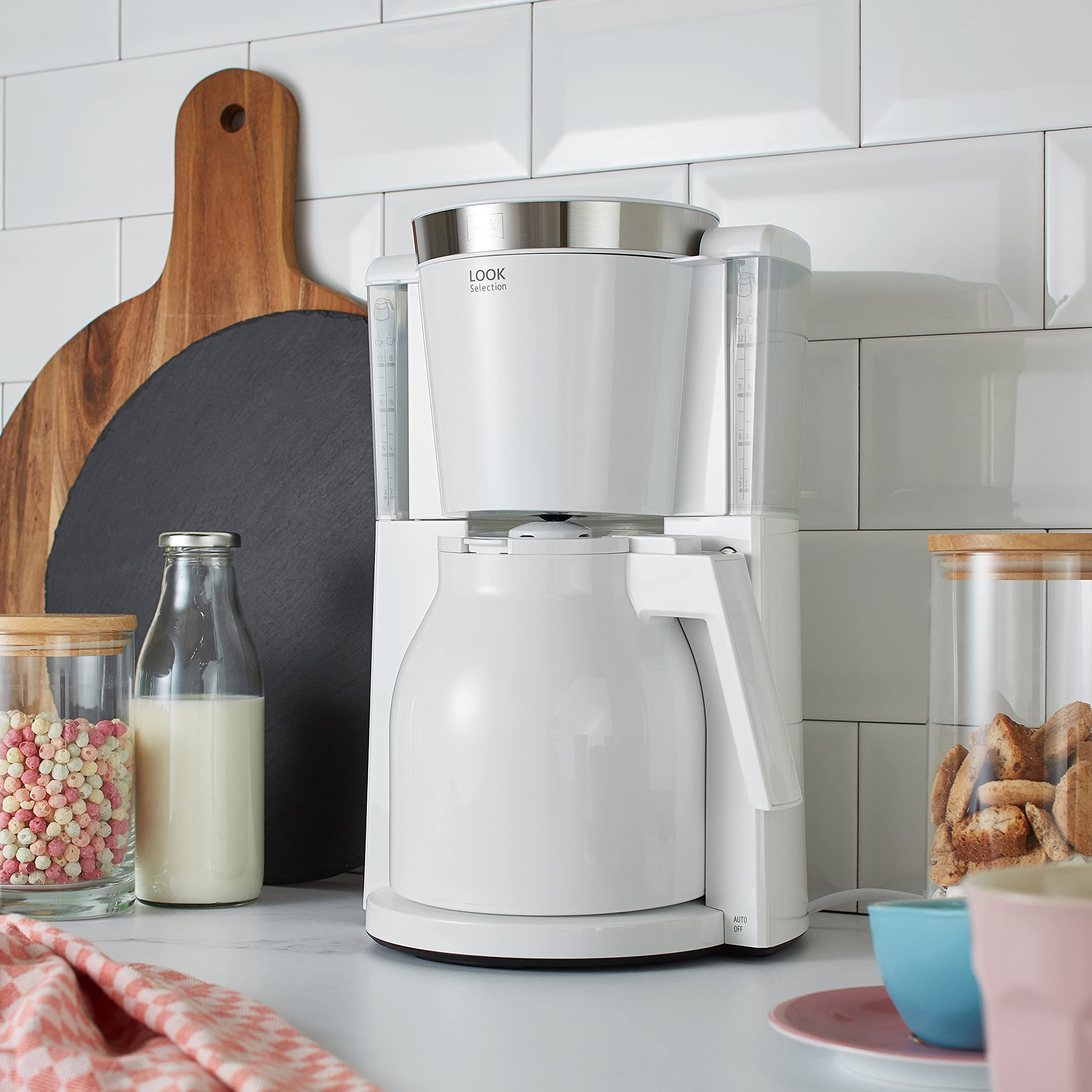 Melitta Cafetière à Filtre avec Verseuse Isotherme, Sélecteur d’Arôme, Look Therm Selection, Blanc/Acier Brossé, 1011-11