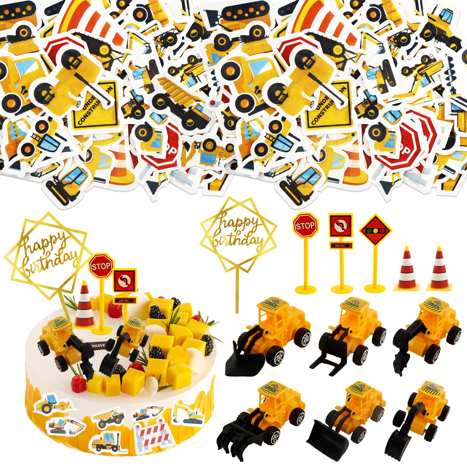 76 Stück Baustelle Tortendeko,64 Tortendeko Essbar,6 Kunststoff Baustellenfahrzeuge,5 Verkehrsschilder Kinder,Happy Birthday Cupcake Topper,Essbar Kuchendeko Geburtstag Junge,Traktor Bagger