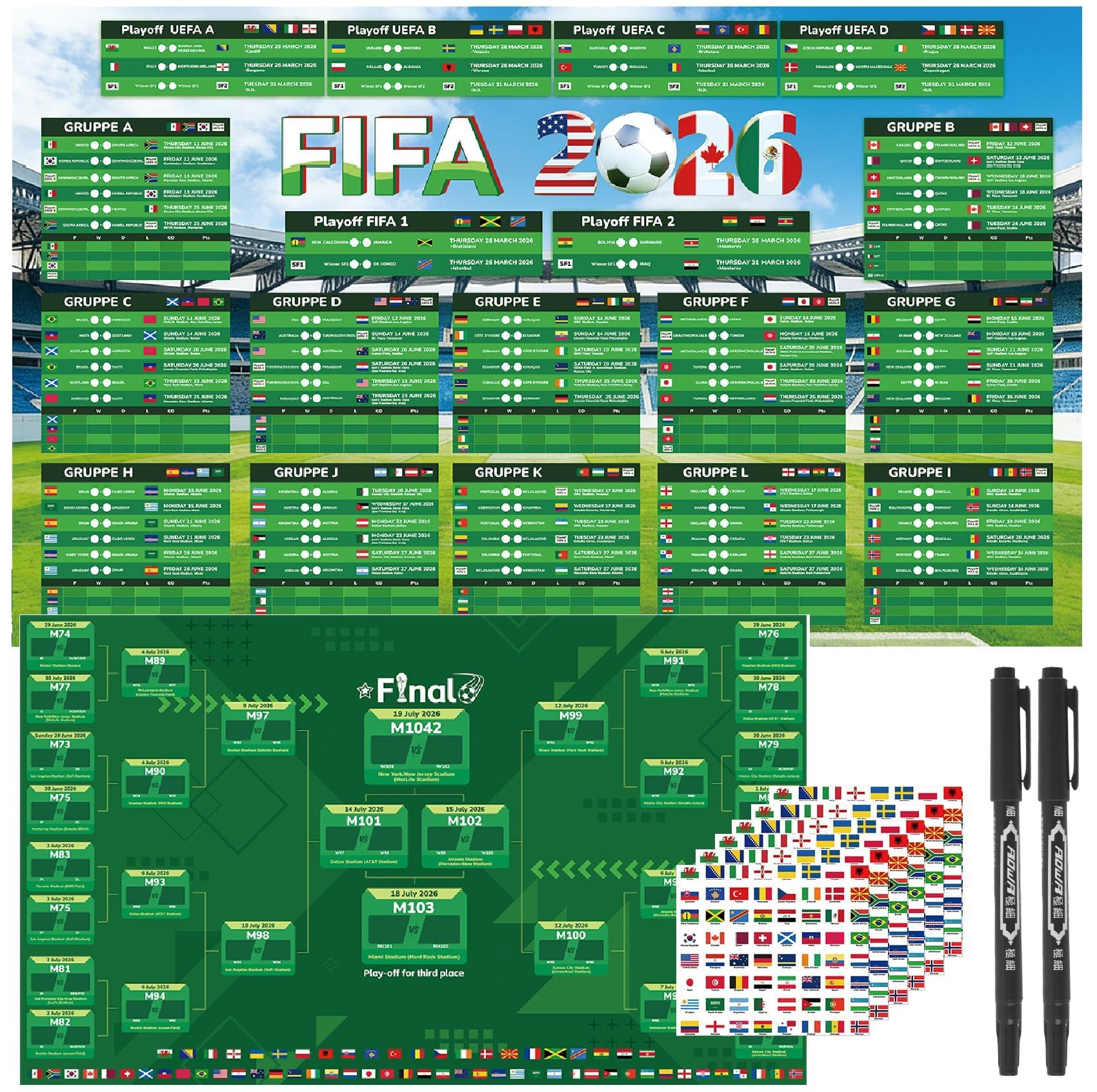 Aitsite Planificador de copa do mundo 2026, póster para decoración del Mundial de mundial 2026, planificador de fútbol con pegatinas de bandera y bolígrafo, todos los juegos, fechas y lugares — view 9