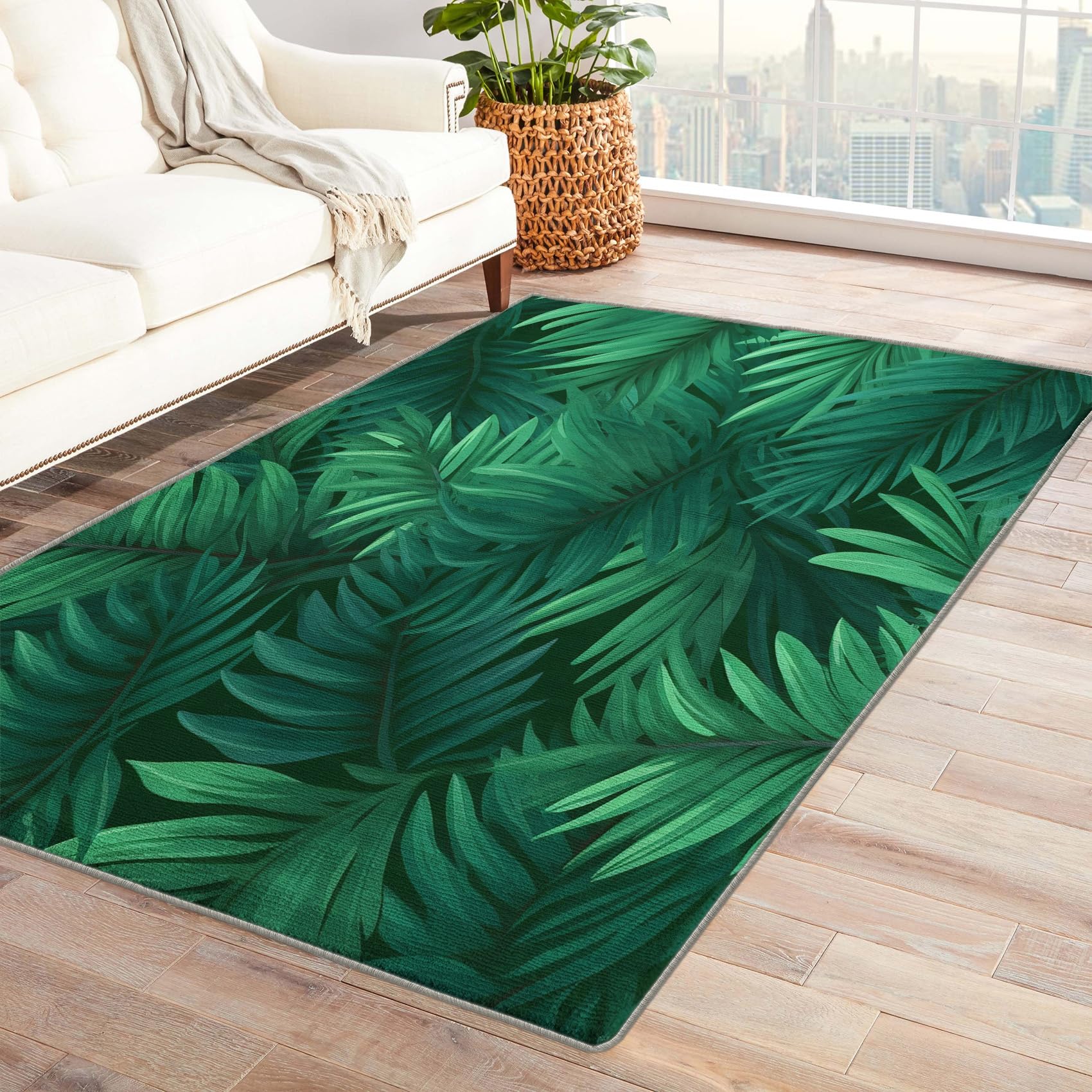 ZDABAOEC Palm Leaf Rug, 4x4 Rug, Tropical Area Rugs for Bedroom Living Room, Green Leaves Patterned Square Rug, Machine Washable Non Slip Indoor Floor