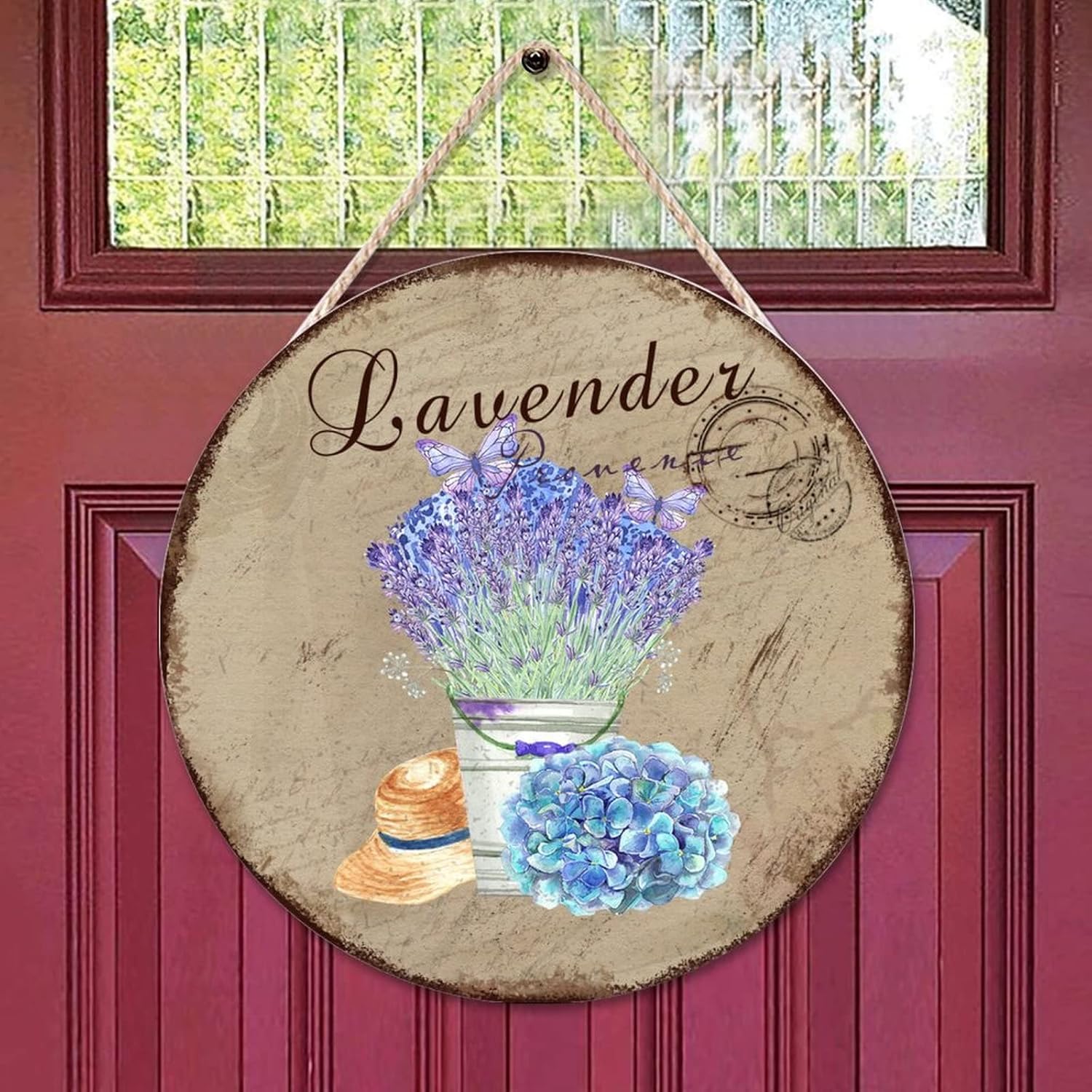 Custom Calligraphy Wall Hanging Sign Plaque, Lavender Wood Door Sign, Old Paper Textures 16x16in Front Door Sign Farmhouse Backyard Door Hanger Wall Decor Housewarming Gifts