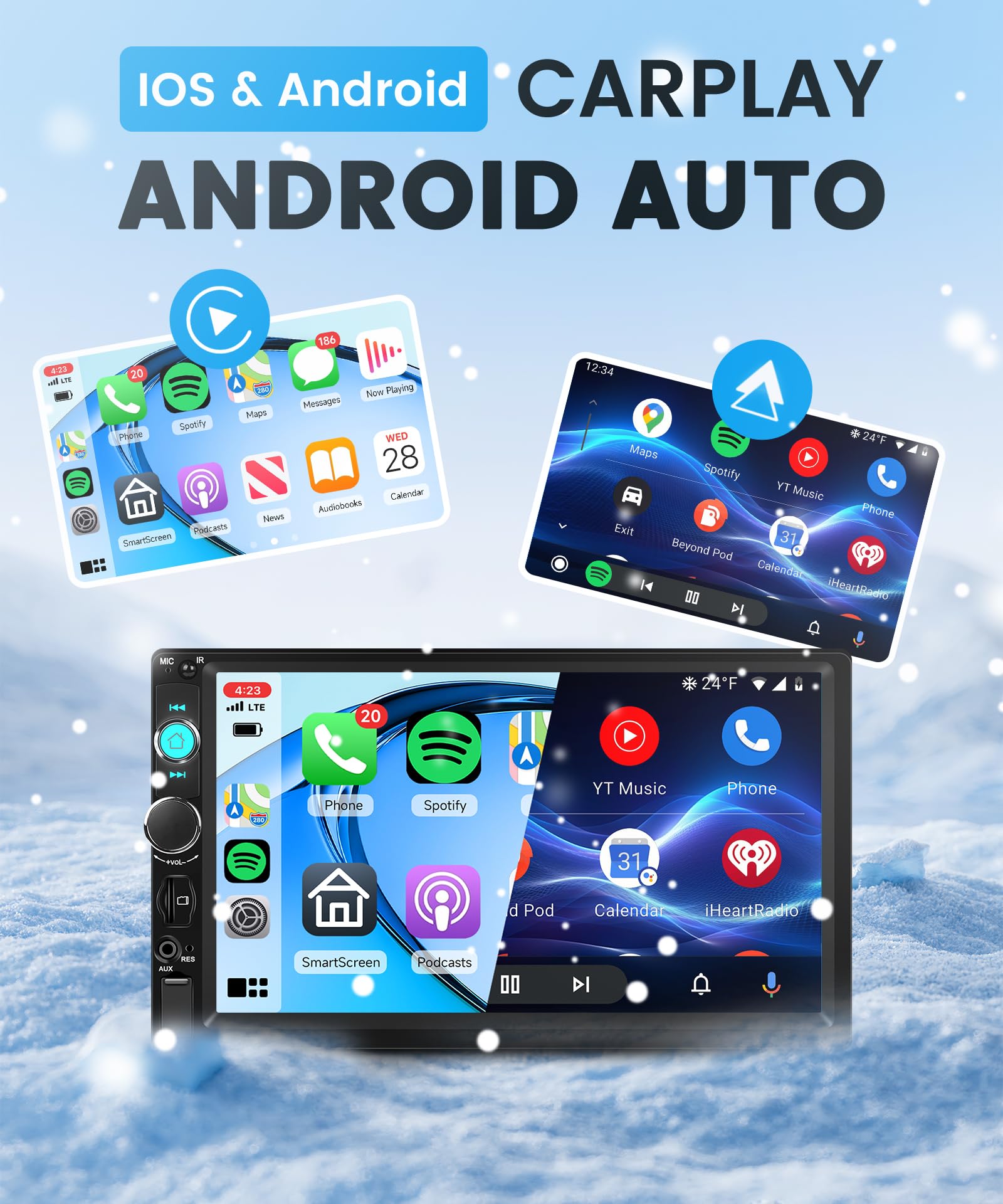sans Fil Carplay Autoradio 1 Din avec You-Tube sans Fil Android Auto iOS/Android Mirror Link 7 Pouces Écran Tactile Autoradio avec Bluetooth FM Radio USB/AUX/EQ Commande au Volant Caméra de Recul