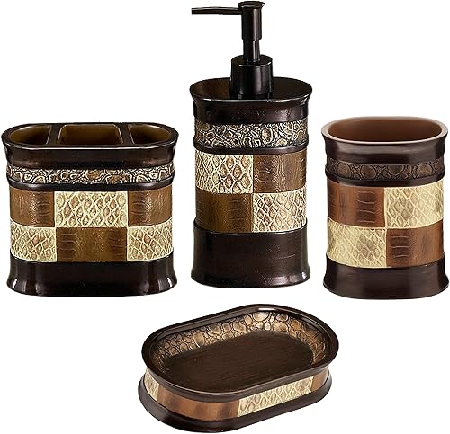 Zahari Home Juego de 4 accesorios de baño con estilo Zambia, bomba de jabón, vaso, soporte para cepillo de dientes y jabonera, decoración