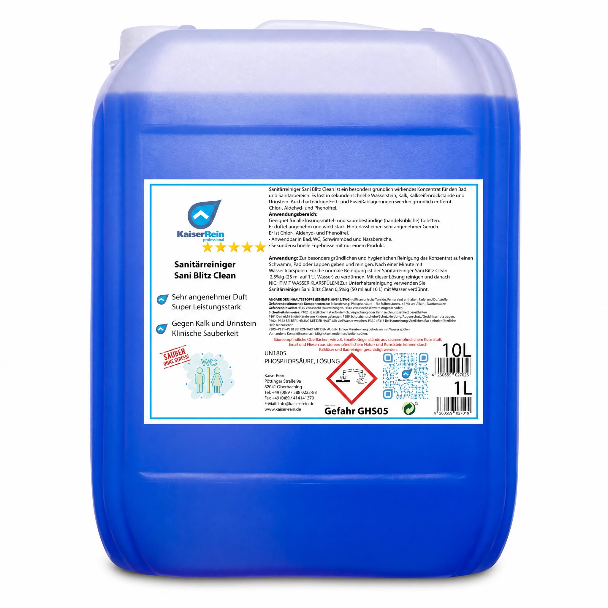 KaiserRein WC Reiniger Sani Blitz Clean, extra starker Profi-Sanitärreiniger & Urinsteinentferner, Konzentrat im 10 L Kanister, löst Kalk, Wasserstein & Kalkseifen, für Bad, Dusche, WC, Fliesen