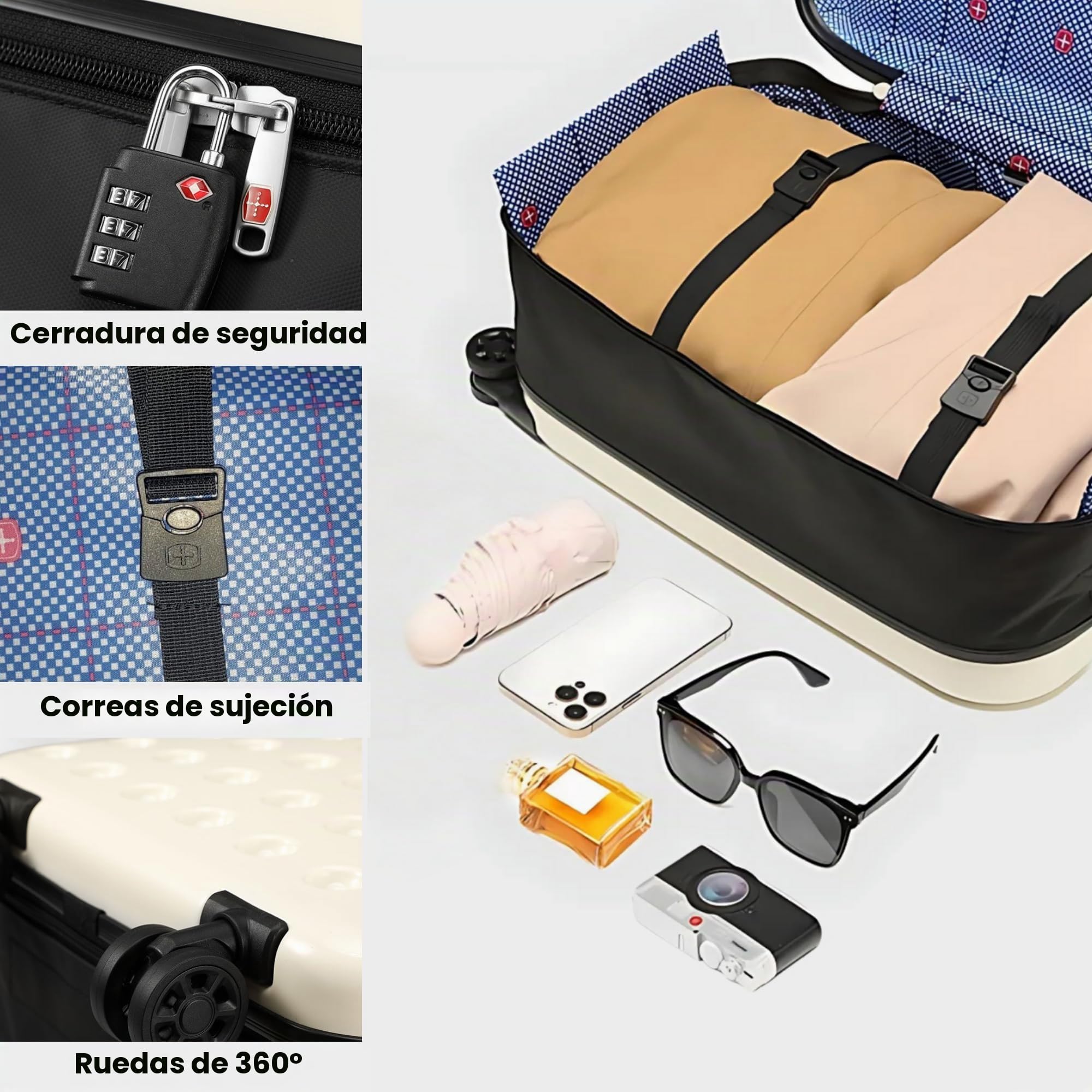MAGIC SELECT Maleta de Cabina ABS Plegable, 55 CM, 45L | Trolley Rígida, 4 Ruedas Dobles, Mango Telescópico, Incluye Candado de Combinación