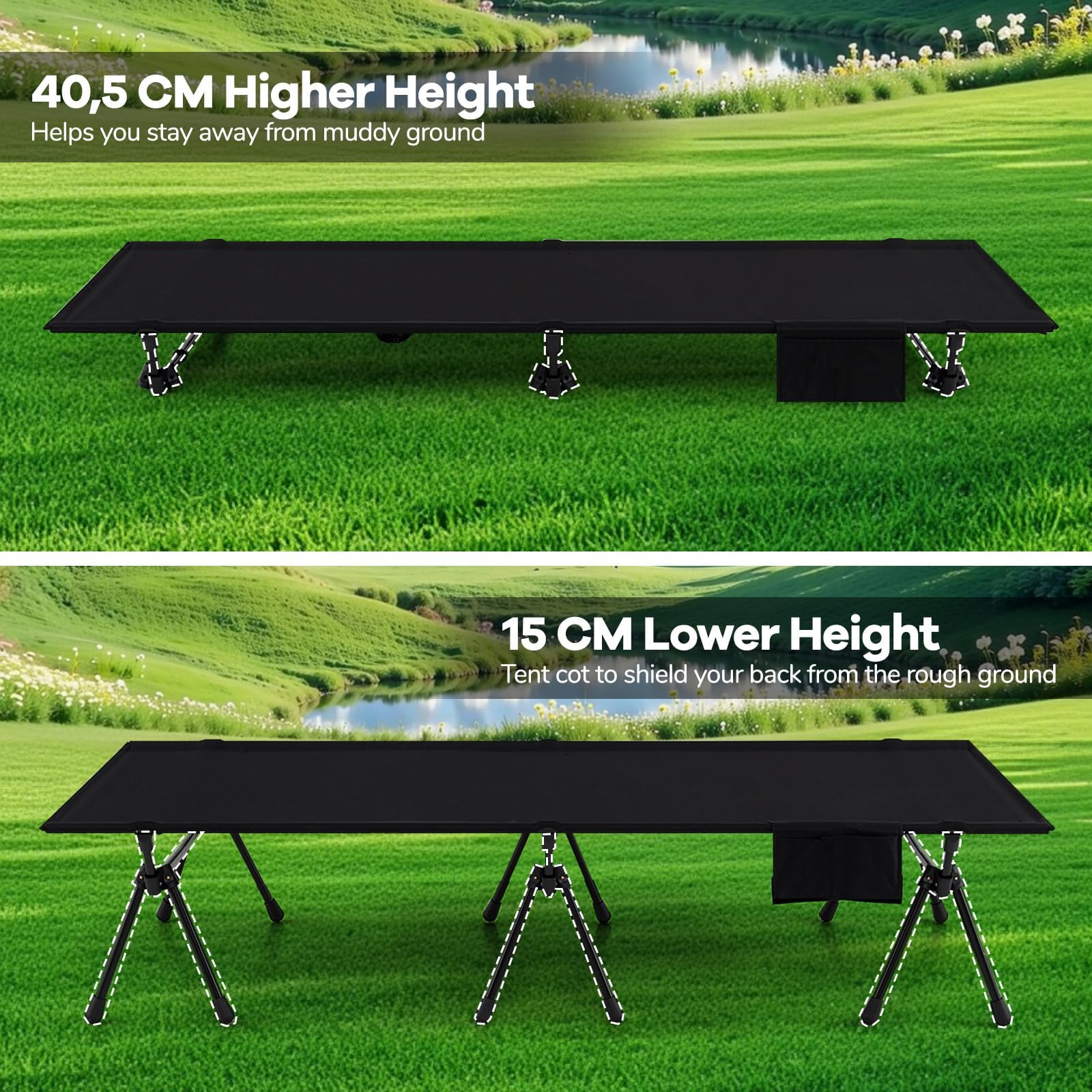 FANTASK Feldbett klappbar, 193 x 70 cm, Campingbett höhenverstellbar bis 150 kg, Campingbett faltbar mit Beinerweiterungen, Seitentasche & Netztasche, für Camping, Reisen, Schwarz