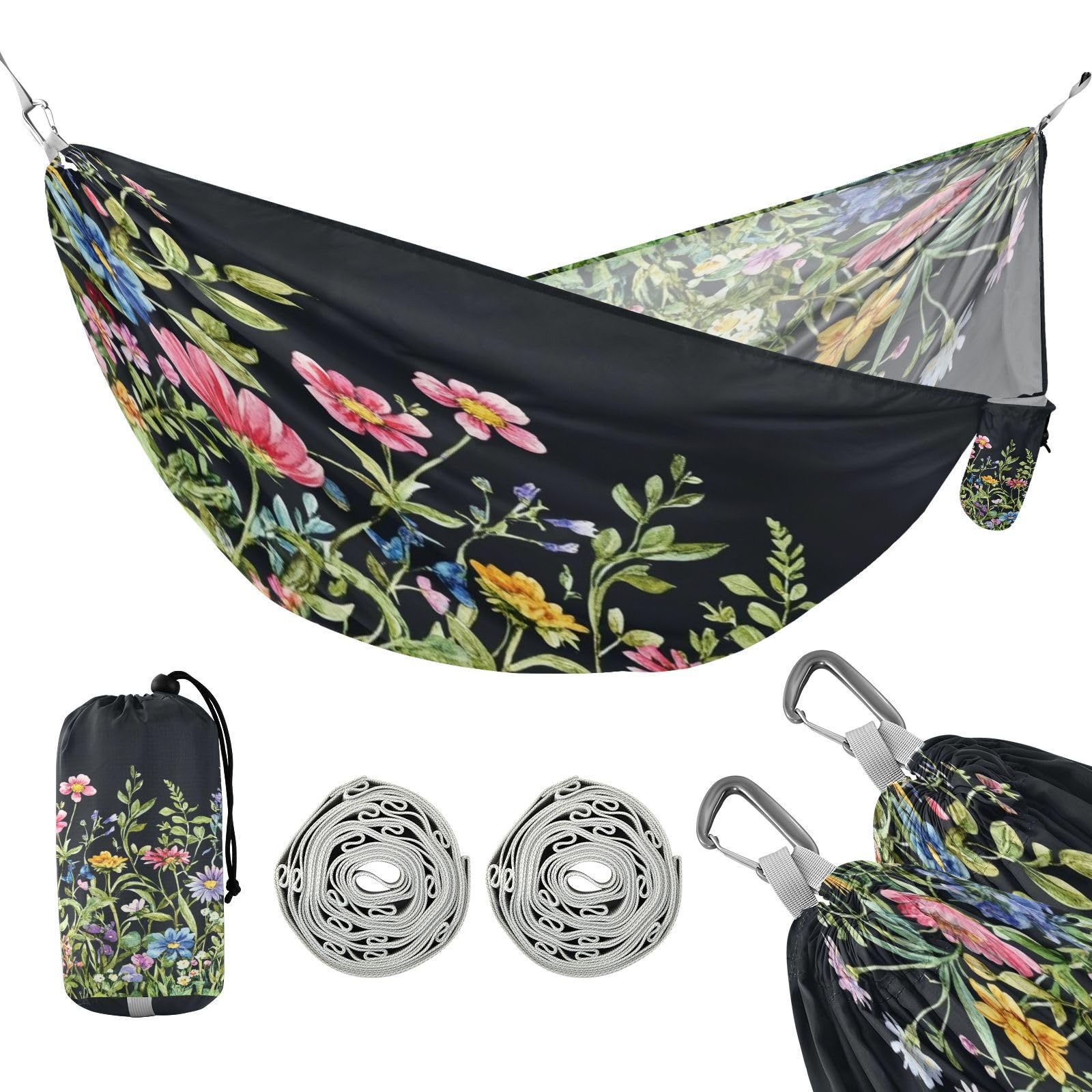 Haskirky Wildflowers Camping Hammock, Single Portable Hammocks with Tree Straps & Attached Carry Bag, 330Lbs Capacity Perfect for Outside Indoor Hiking Beach Backpack Travel