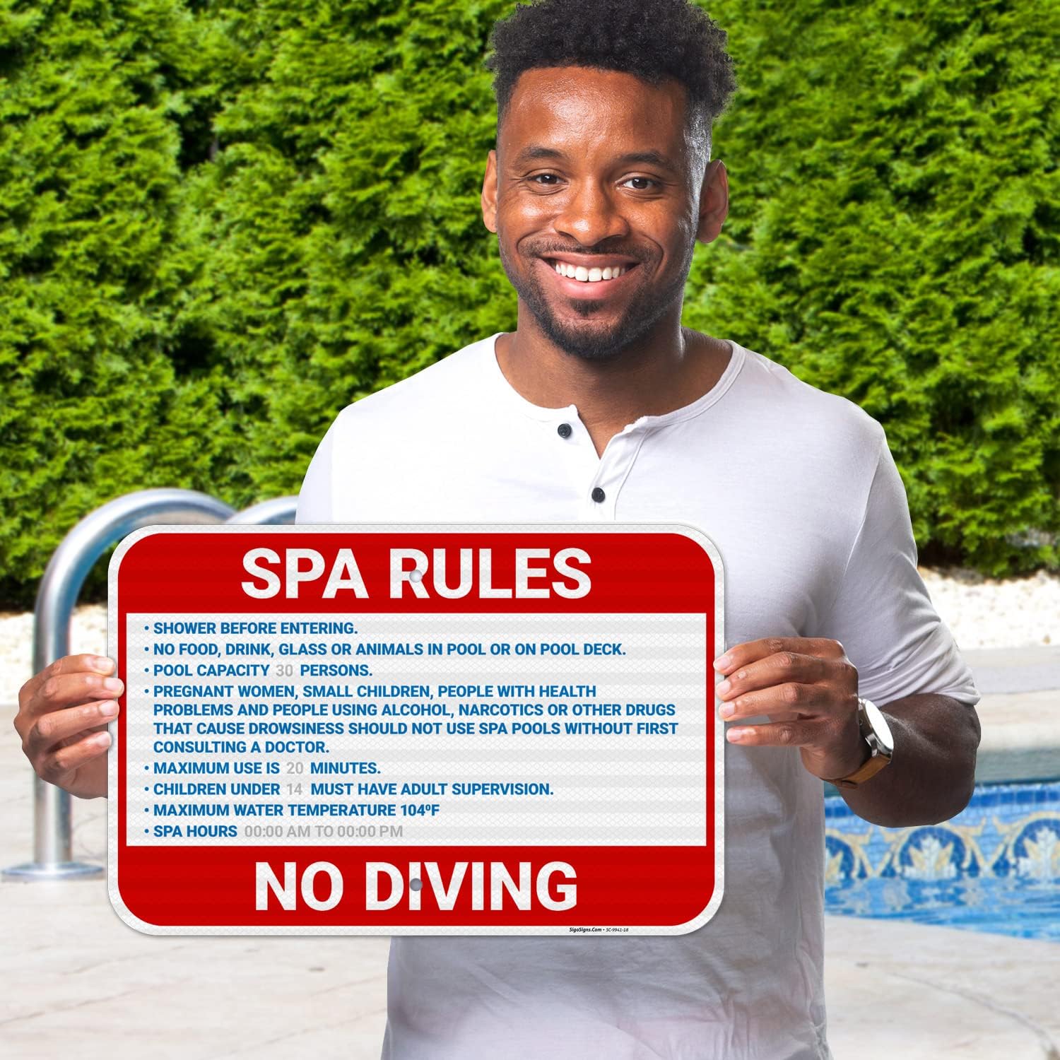 Custom Spa Rules Sign, 12x18 Inches, 3M EGP Reflective .063 Aluminum, Fade Resistant, Made in USA