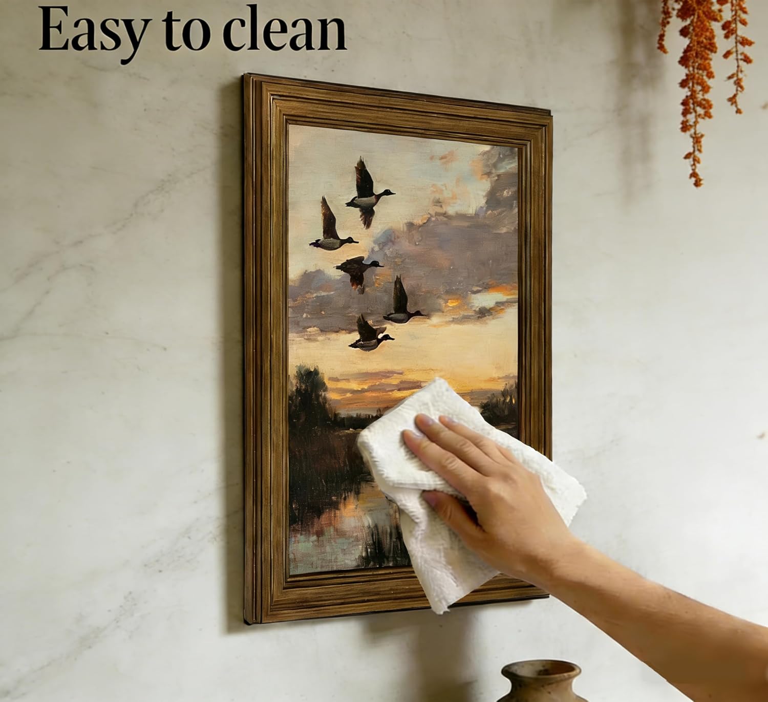 Gold Framed Vintage Flying Duck Canvas Wall Art Countryside Mallard Landscape Painting Picture Wall Decor Retro Rustic Farmhouse Animal Poster Print Artwork for Living Room Bedroom Hallway 12x16in