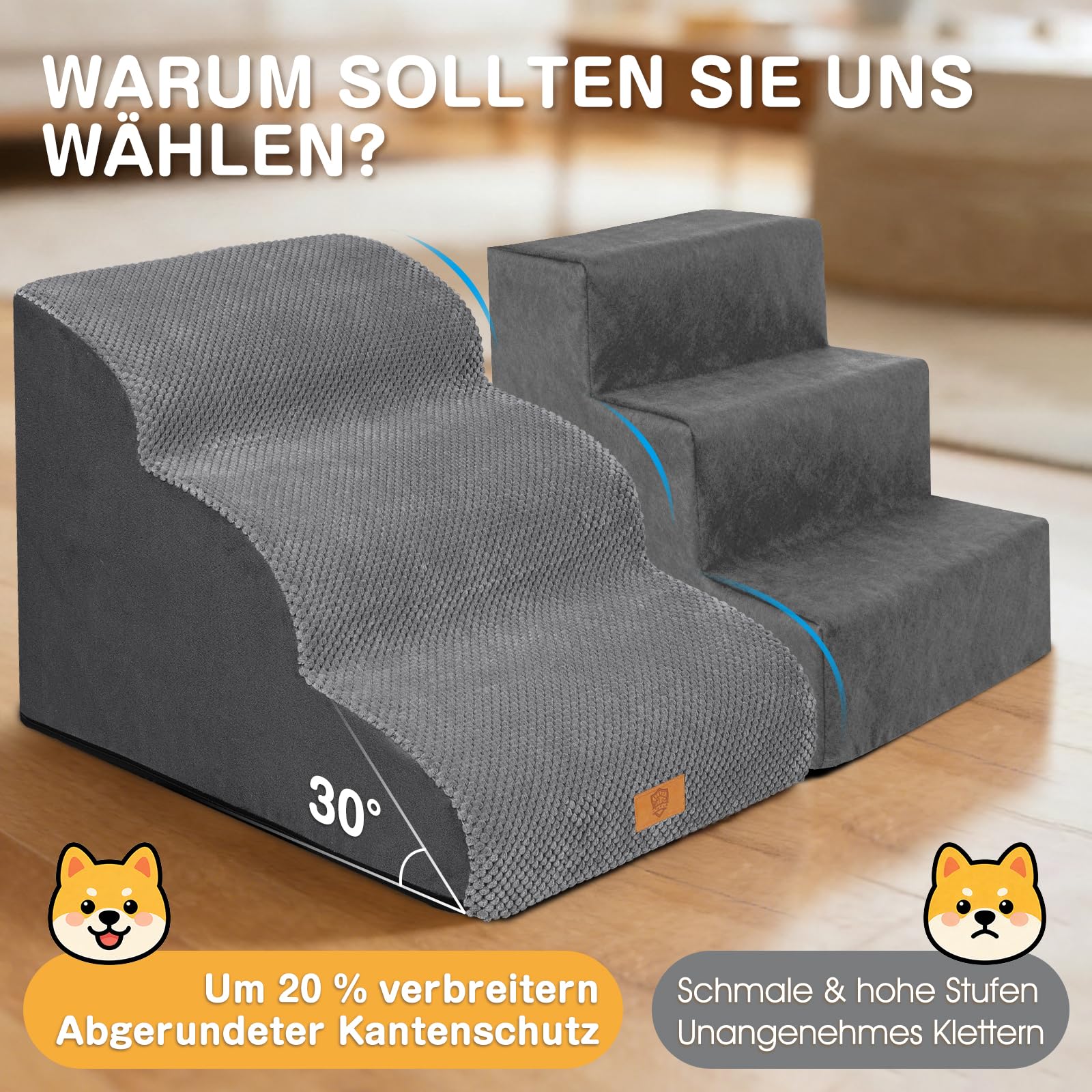 Zvonema Hundetreppe, wasserdichte Hundetreppe 40cm Hoch, rutschfeste 3 Stufen Treppe für Hunde, Verletzungsprophylaxe Hochwertige Schwamm Katzentreppe, Waschbar Hunderampe für Sofa Bett