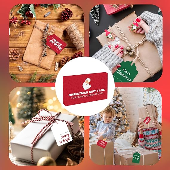 Christmas Gift Tags - 60 PCS Gift Tags for Christmas Presents with String | Xmas Ornaments Labels for Wrapping Paper Tissue Paper | Christmas Tree Decorations Name Tag Stickers for Gift Bags