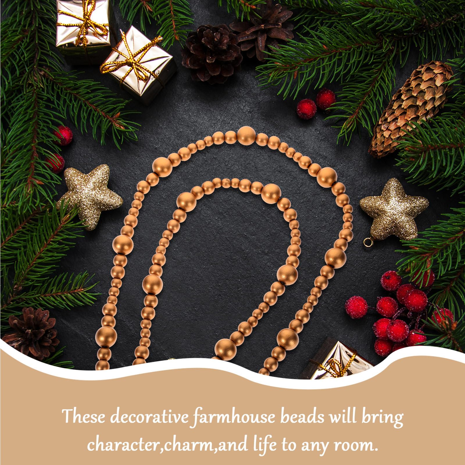 Boao 8 Stück Holzperlen-Girlande, 3 m, rustikale Bauernhaus-Perlen, Wandbehang, Dekoration, Landhaus, natürliche Baumgirlande, dekorative Wandbehang, Gebetsperlen für Weihnachten (Gold)