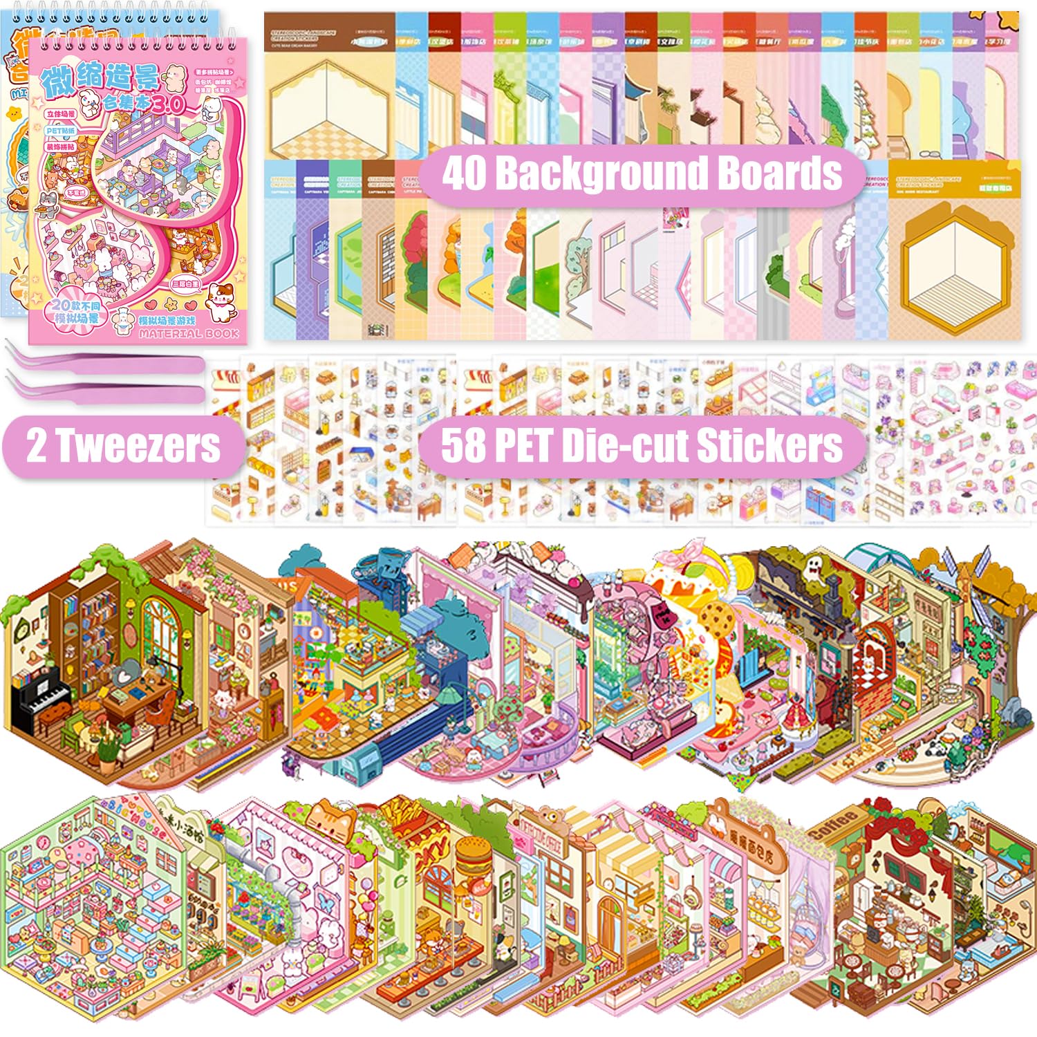 Kunoli 40 Sets DIY 3D House Stickers Scene Kit, Sticker Therapy
