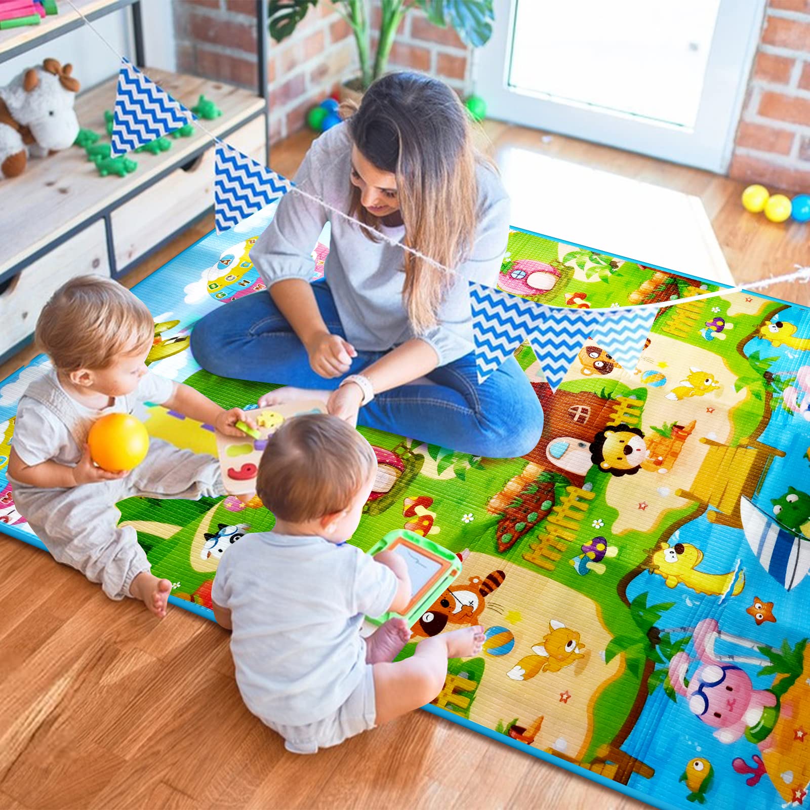 Tapis de Jeu pour bébé Grand Tapis de Jeu pour Le Sol Animaux de la Ferme Tapis de Jeu Pliable et imperméable pour Les Tout-Petits Tapis à Ramper pour Les bébés de 6 à 12 Mois 180 * 120cm