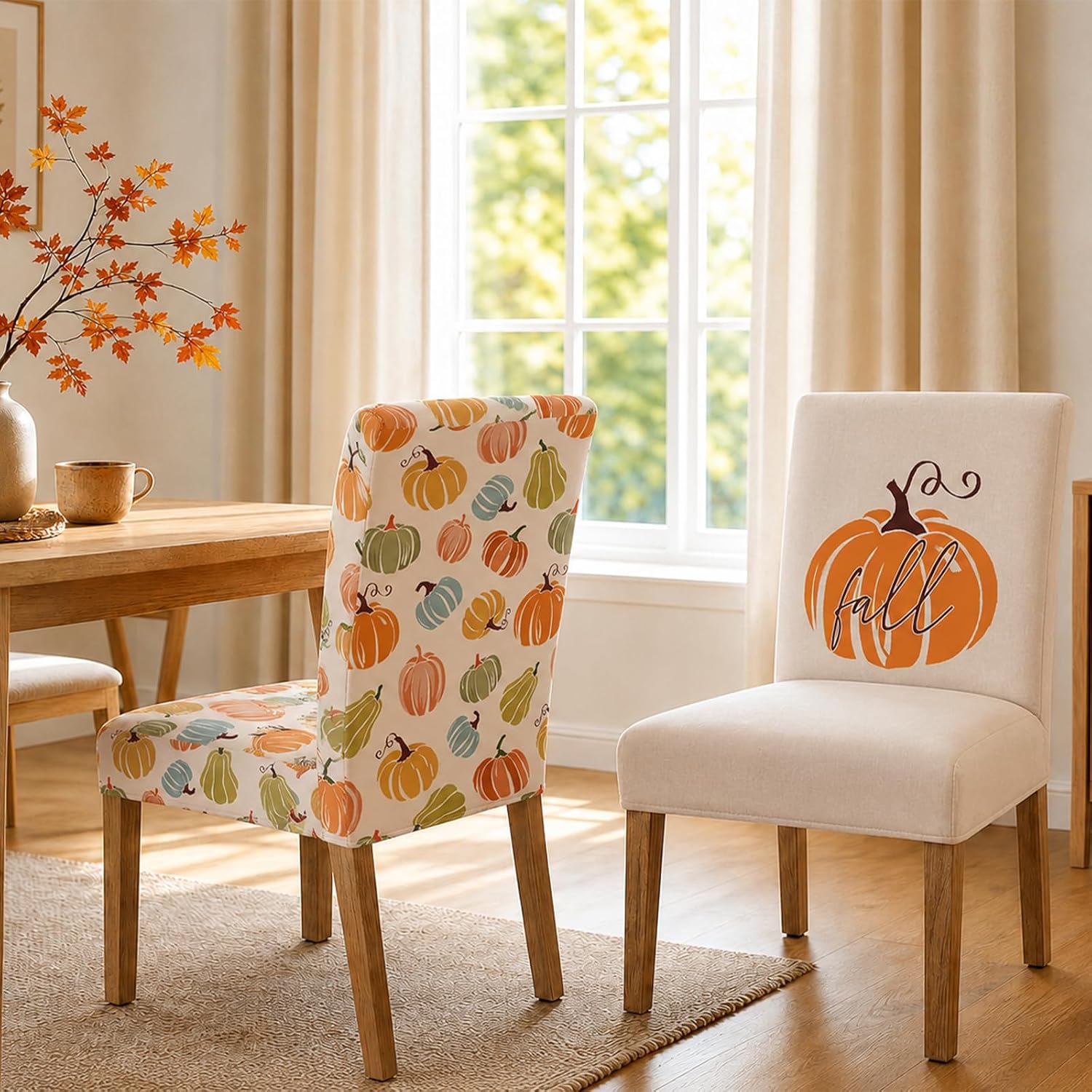 4 Pcs Fall Chair Covers for Dining Room, Thanksgiving Stretch Removable Dining Chair Cover Set of 4, Autumn Pumpkin Chair Slipcovers Seat Protector for Fall Restaurant Decor
