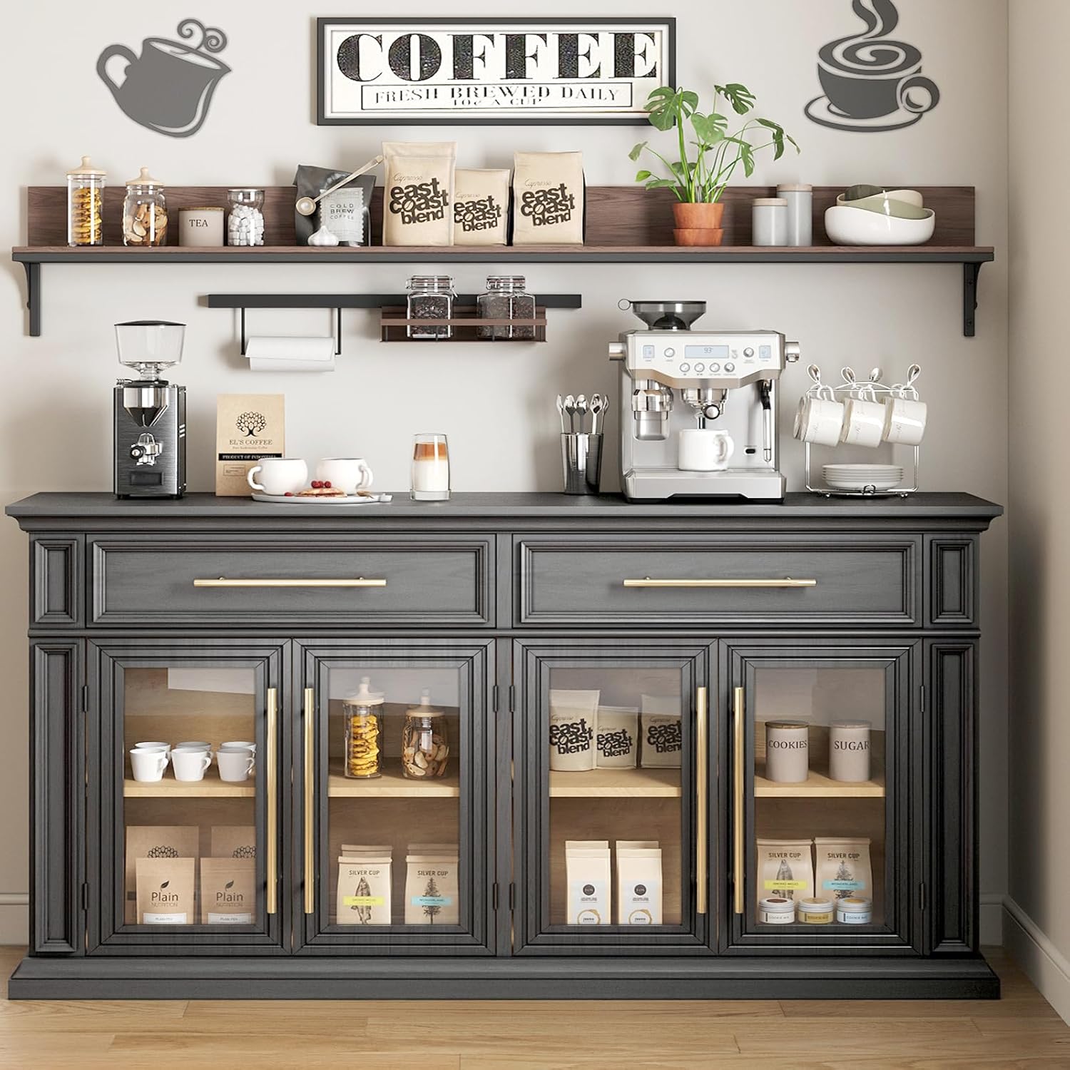 LGHM 63" Sideboard Buffet Cabinet with Drawers, Modern Kitchen Storage Cabinet with Adjustable Shelves and Magnetic Catch Doors, Wood Coffee Bar for Kitchen, Living Room, Black
