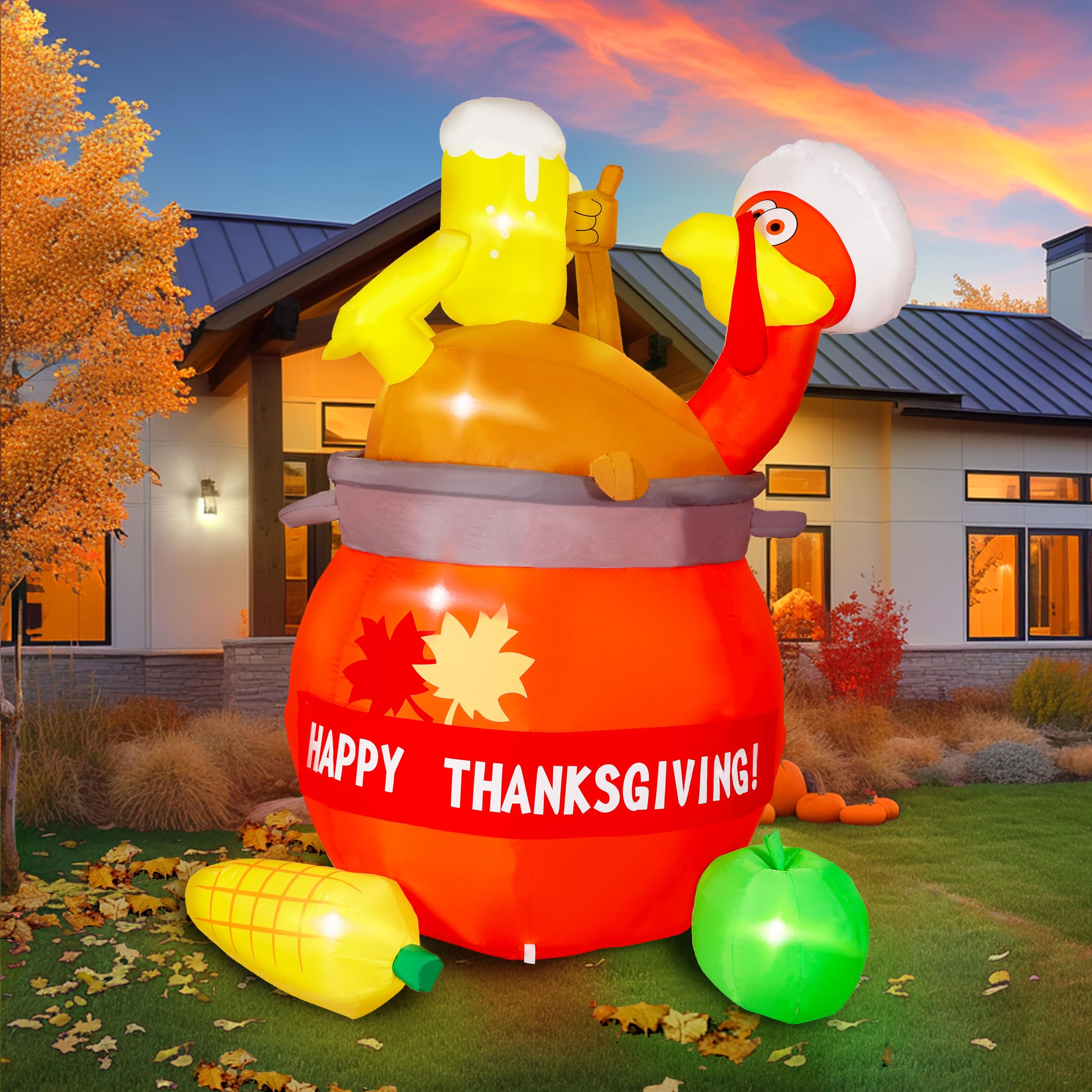 Alupssuc 6FT Thanksgiving Inflatables Turkey Outdoor Decoration, Blow Up Yard Turkey on Pumpkin with LED for Indoor Family Party Yard Garden Lawn Decor