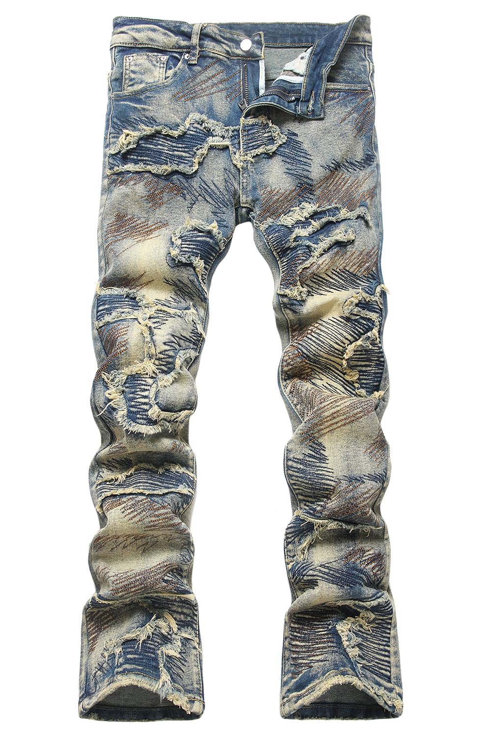 Men's Designer Straight Slim Fit Patchwork Jeans Comfort Skinny Biker Denim Pants