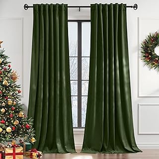 StangH Green Velvet Curtains 84 inches 2 Panels, Back Tab & Hook Belt Bl...