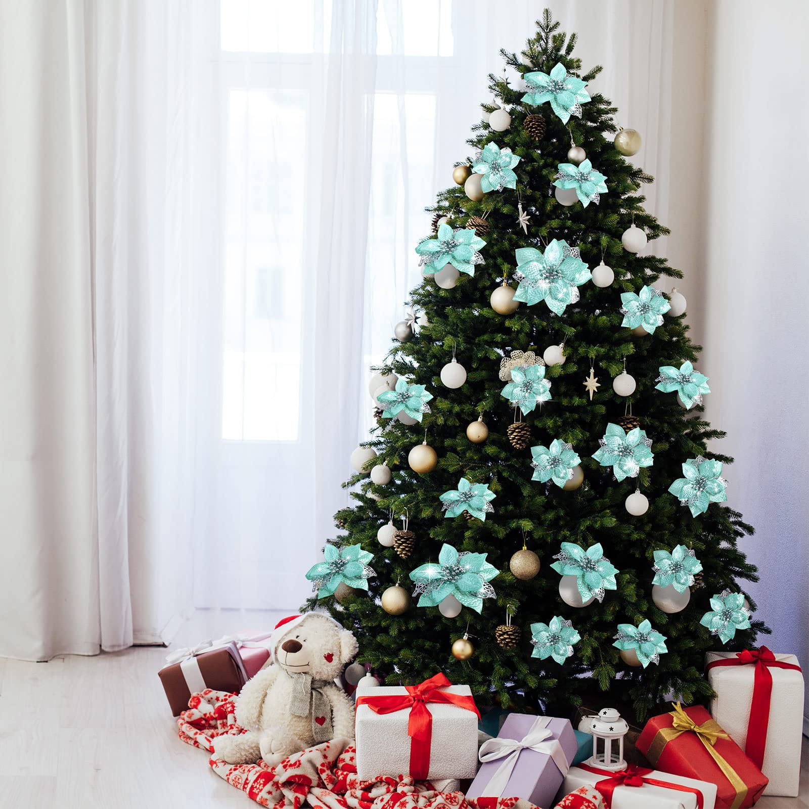 Geosar Lot de 72 Fleurs de Poinsettia artificielles à Paillettes - 3 Tailles - Décoration de Noël pour Sapin de Noël, Nouvel an (Vert Menthe)