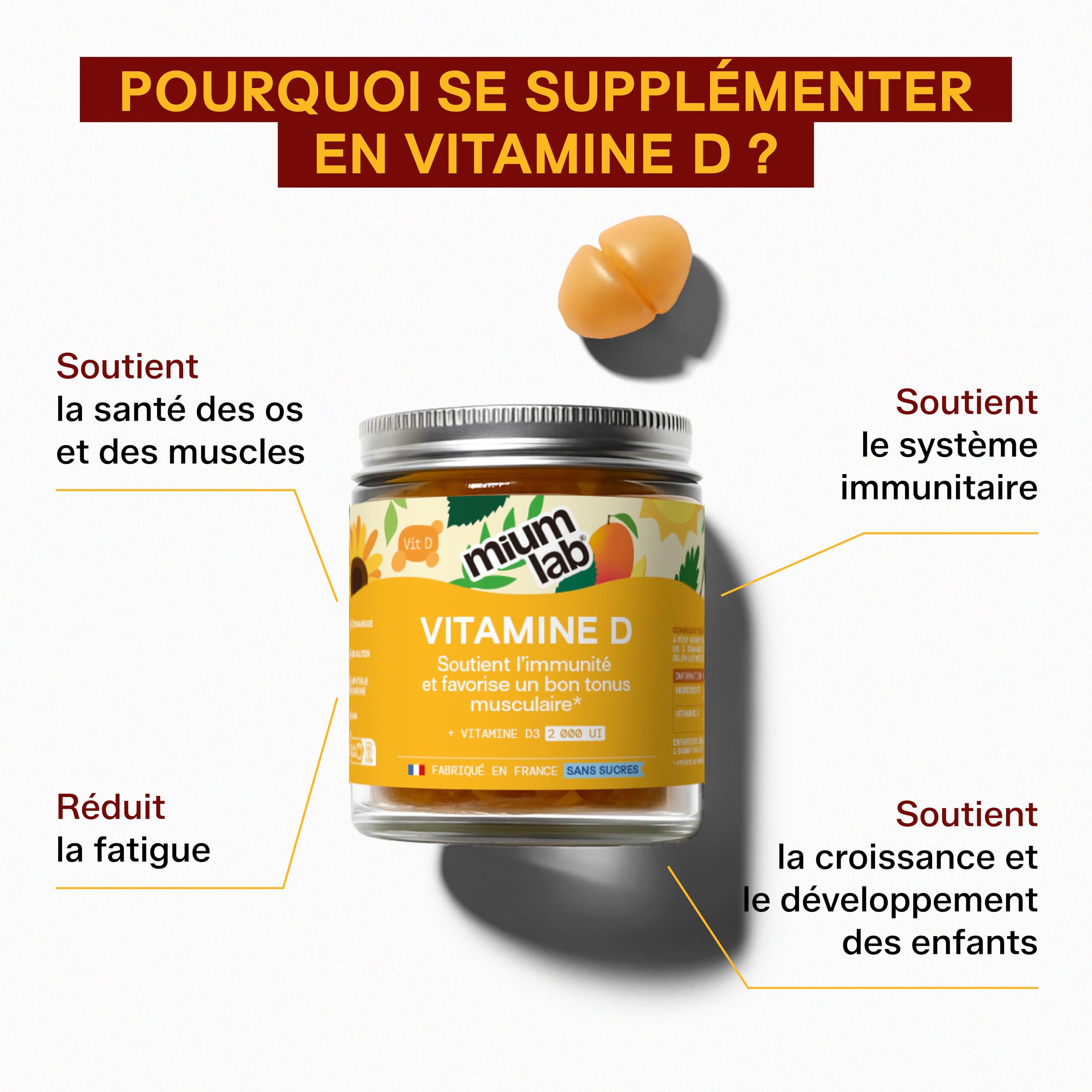 Mium Lab - Vitamine D3 (2000UI) - Hautement dosé et absorbé - Système Immunitaire, Soutient des os, des muscles, Croissance - Enfants & Adultes - Cure 21 jours - Gummies sans sucres Fabriqué en France