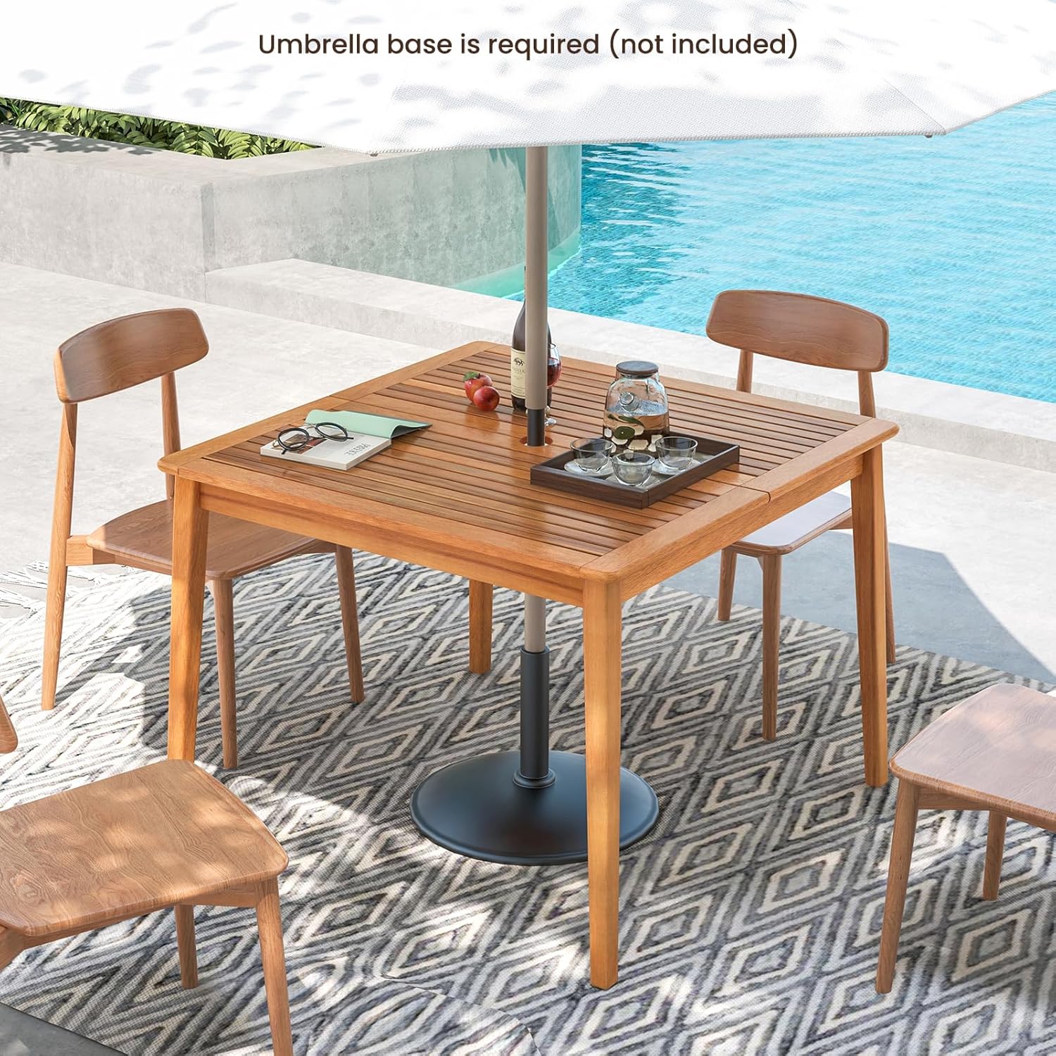 HAPPYGRILL Outdoor Acacia Wood Dining Table for 4 People, 40” Square Patio Bistro Table with Built-in Umbrella Hole, Deck Table for Porch, Garden, Backyard