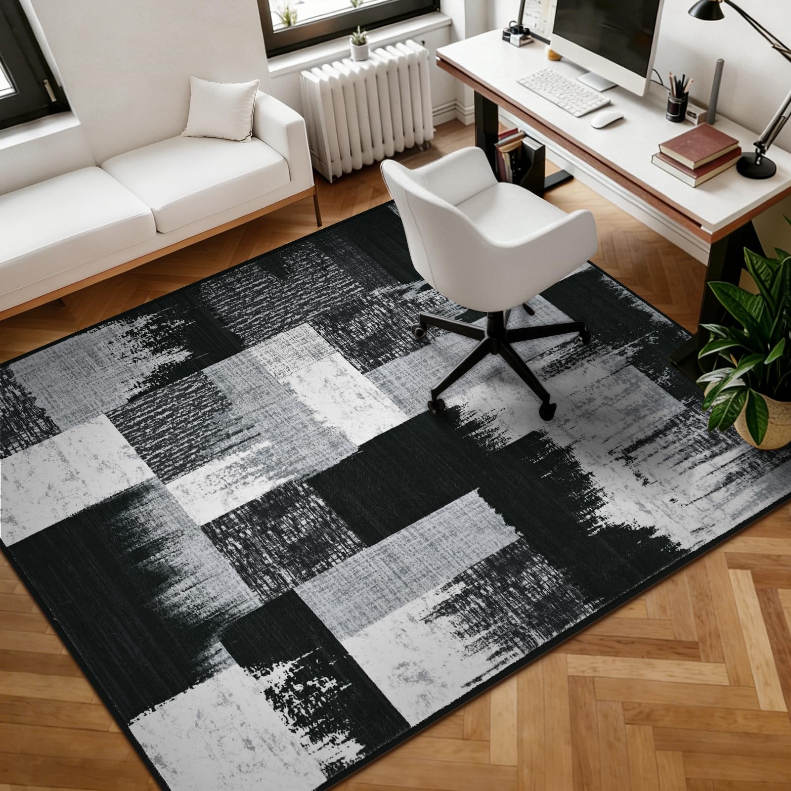 Alishomtll Tapis moderne géométrique noir gris 160 x 230 cm | Tapis de cuisine antidérapant à poils courts - Doux et lavable - Pour salon, chambre à coucher, bureau, entrée