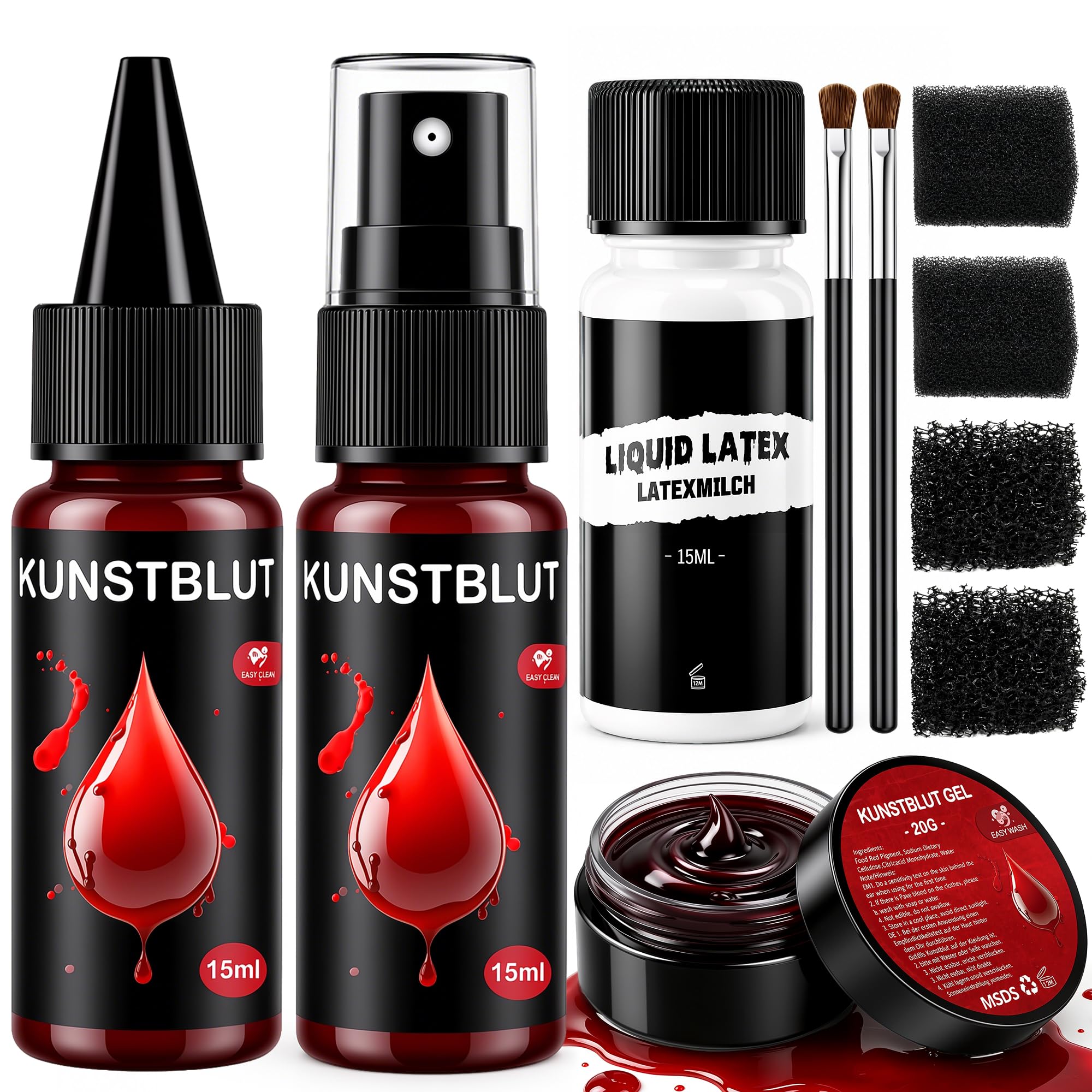 Kunstblut SFX-Set (10-teilig) – Fake Blood Gel, Spray, Tropfen & Flüssiglatex