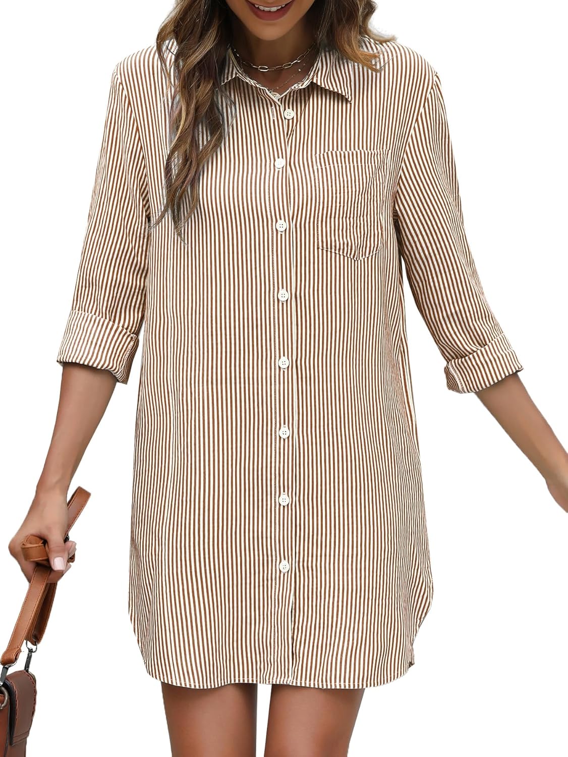 Women's Button Down Shirt Dress with Pockets Striped Long Sleeve Tunic Shirt Dress Collared Blouse Dresses