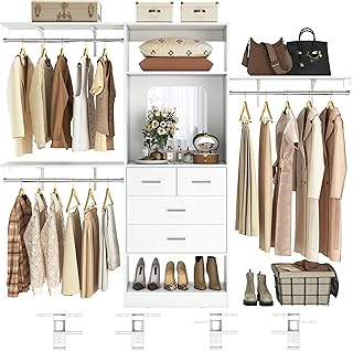 Unikito 8FT Closet System with 4 Drawers, 96" Wood Closet Organizer with Mirror and Hanging Rods, Sturdy Walk in Wardrobe Closet Insert with Tower, 96" W x 16" D x 80" H (Can Be Cut To Fit), White