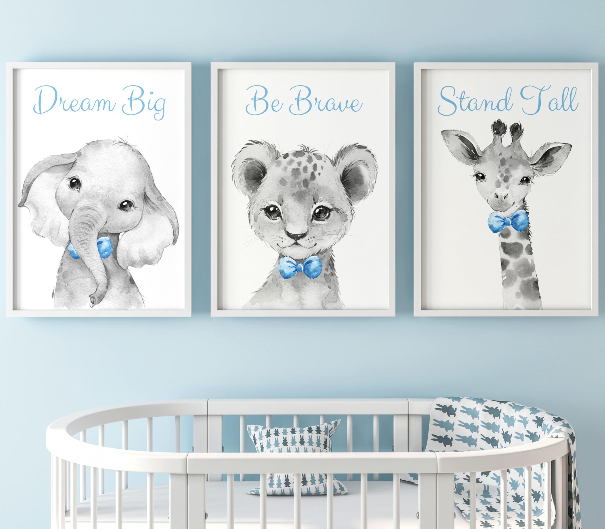 Safari Animals Baby Boy Nursery Bedroom Set of 3 Unframed Quote Prints, Wall Art Portrait Set of 3, Nursery Decor Gift Present, Giraffe Elephant Lion, Stand Tall Dream Big Be Brave Baby Blue Grey (A3) โ image 1