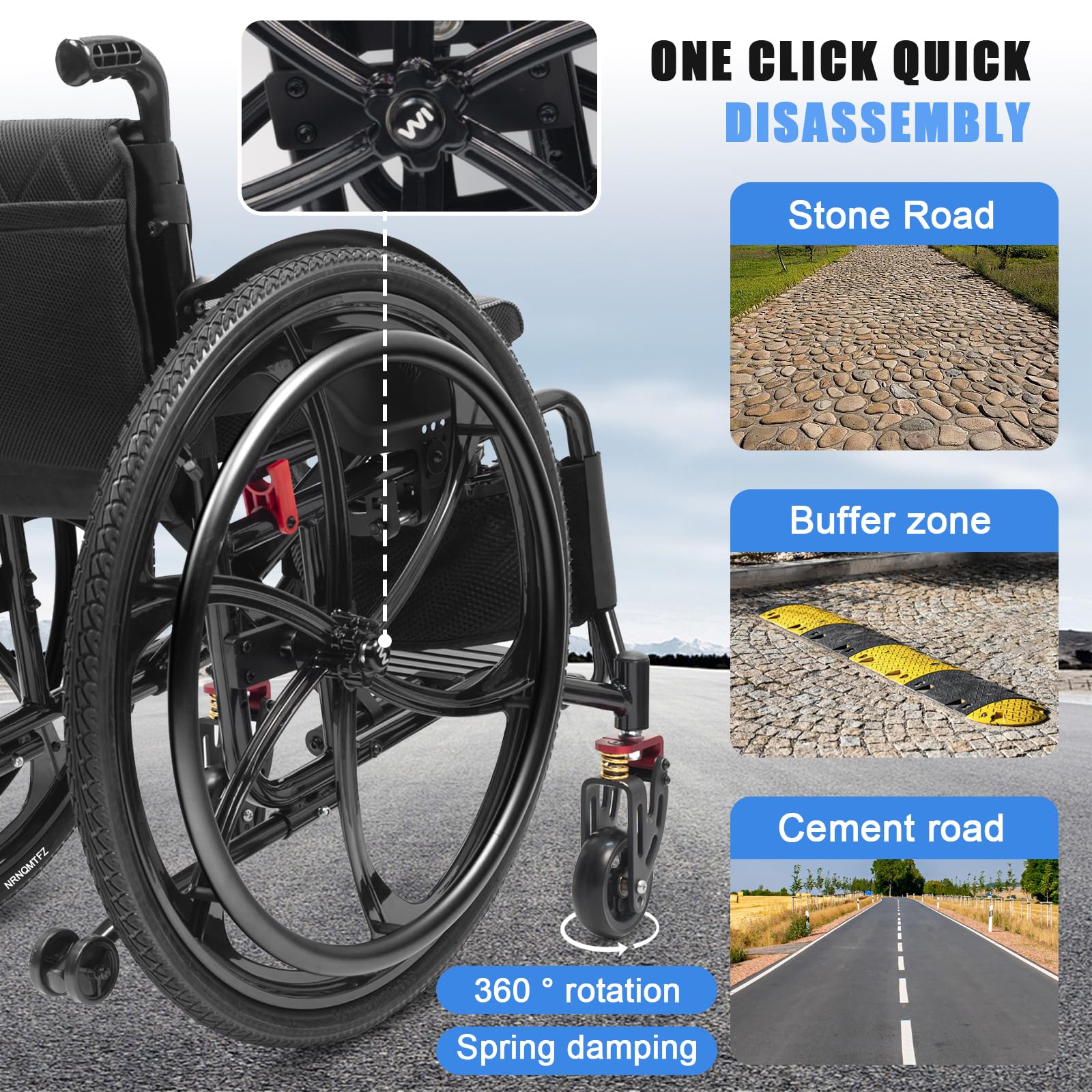 Sedia A Rotelle Pieghevole Leggera in Alluminio,Sedia a rotelle Sportiva Leggera per Tutti i Terreni,Manuale semovente,Sedia a rotelle da transito, carico 100 kg(Seat Width 42cm/16.5in,B)
