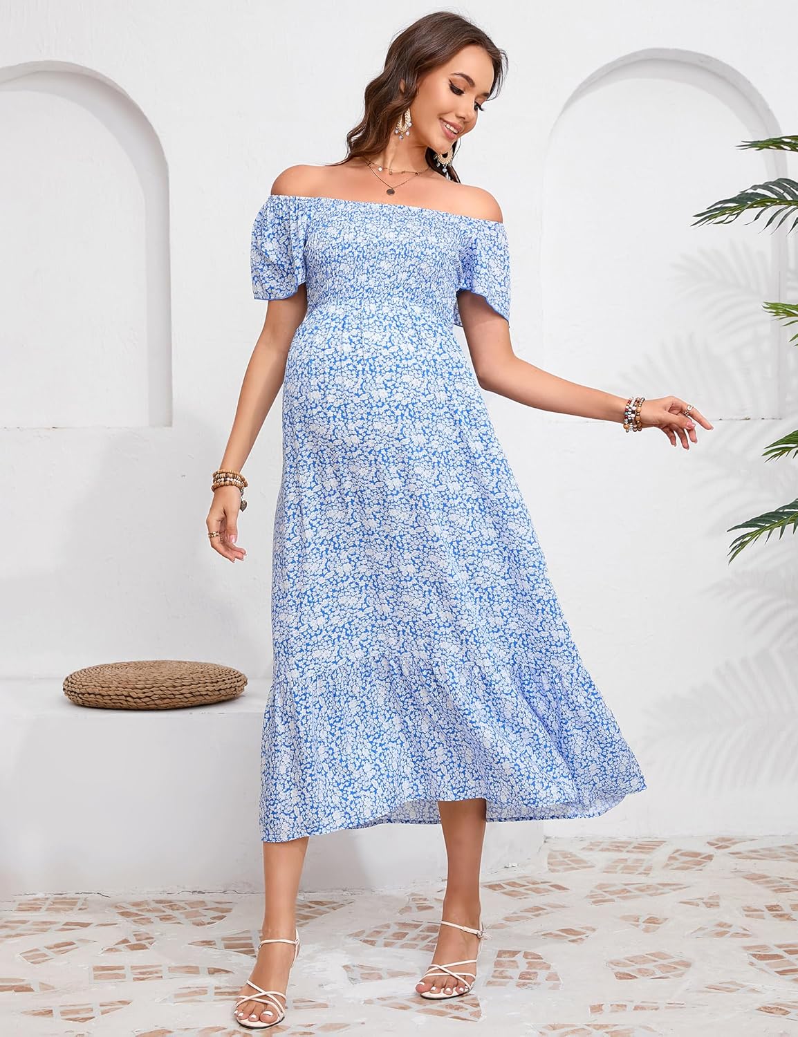 KOJOOIN Maternity Dress Summer Ruffle Short Sleeve Square Neck Smocked Midi Dress Baby Shower Photoshoot