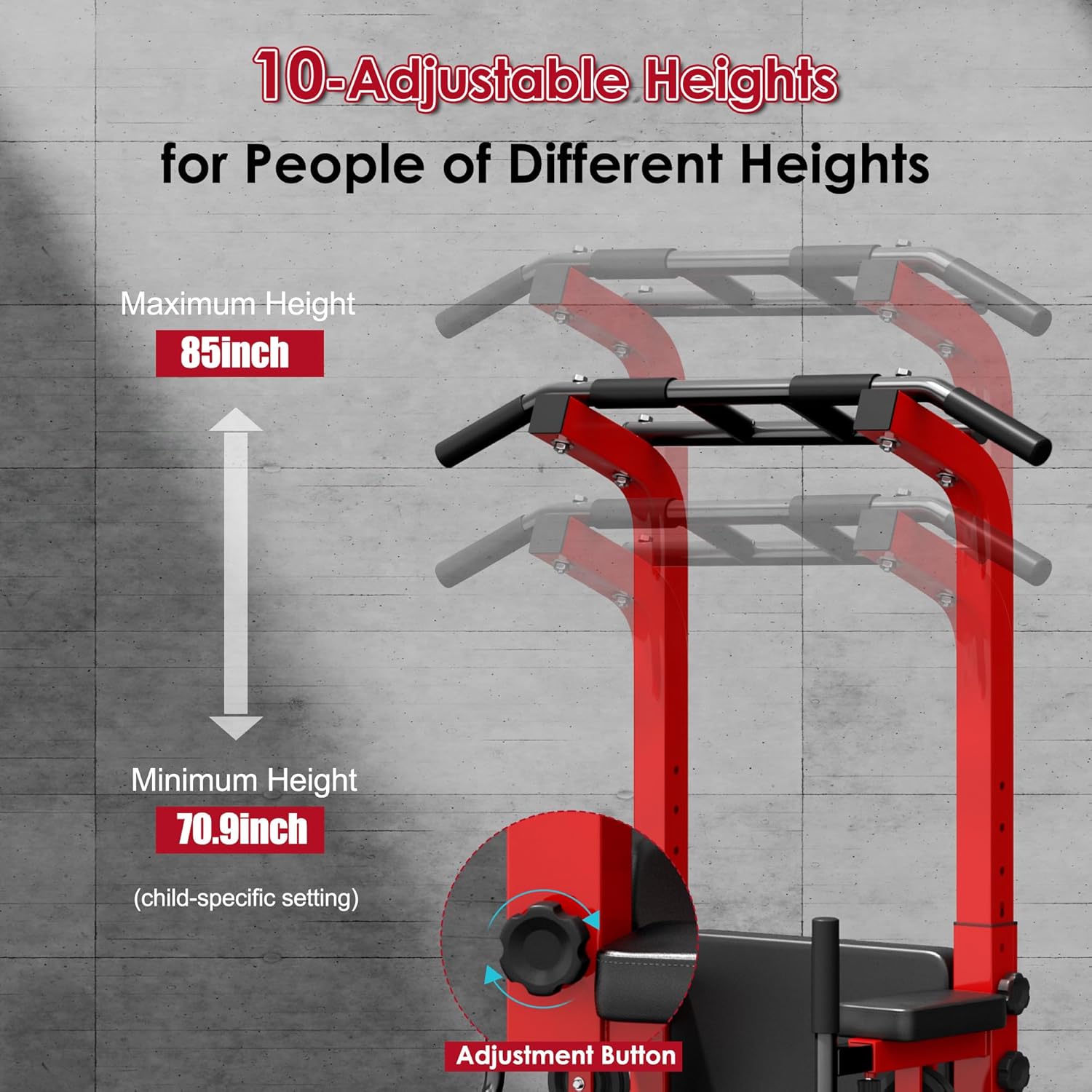 DlandHome Power Tower, Height Adjustable Pull Up Bar Dip Station with Assisted Pad, Multi-Function Home Gym Strength Training Fitness Equipment 330LBS, Red