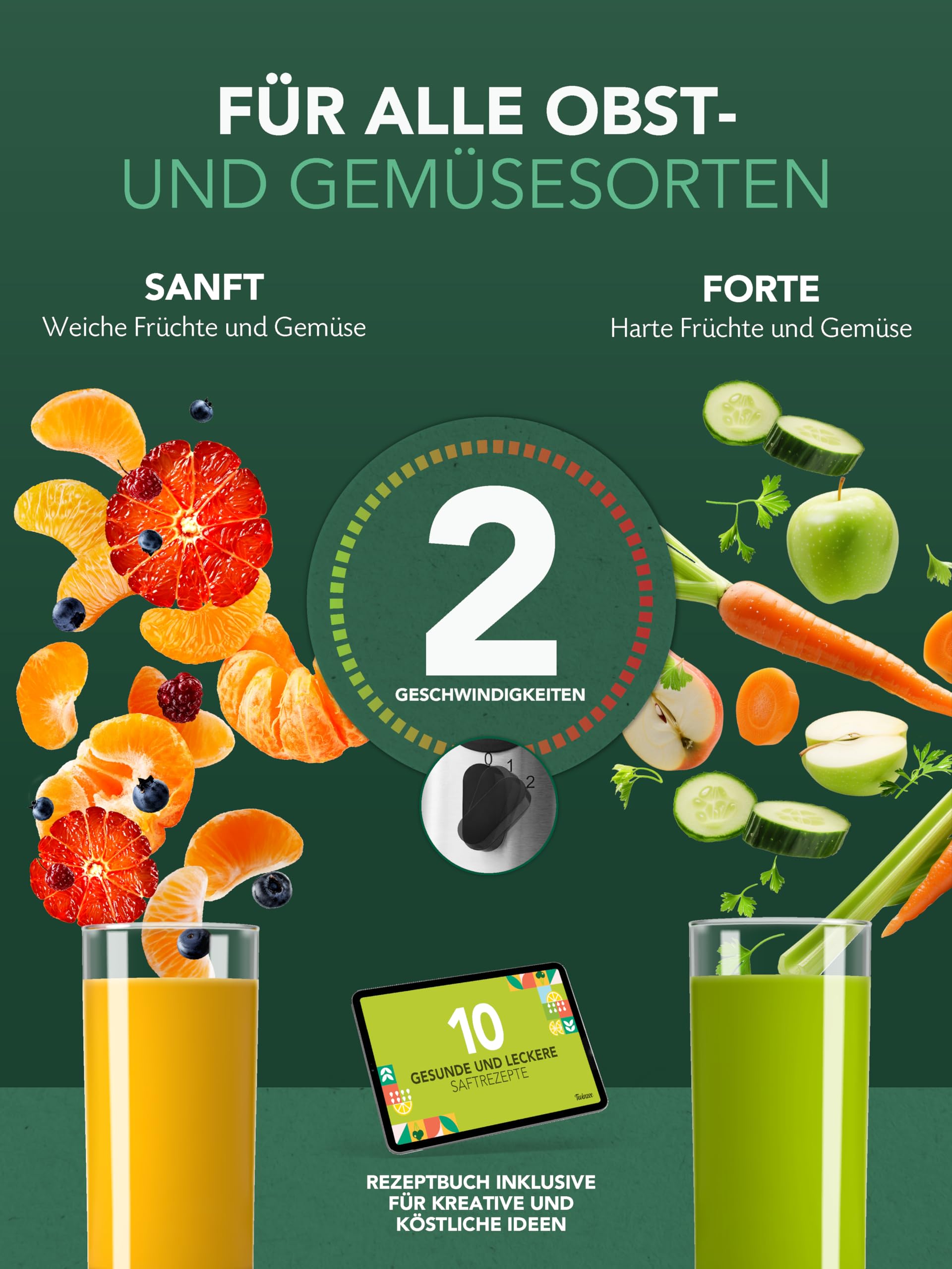 Twinzee 850 W Entsafter für Gemüse und Obst – Elektrische Saftpresse mit 2 Geschwindigkeitsstufen und großem Einfüllschacht (75 mm) – Juicer Machine