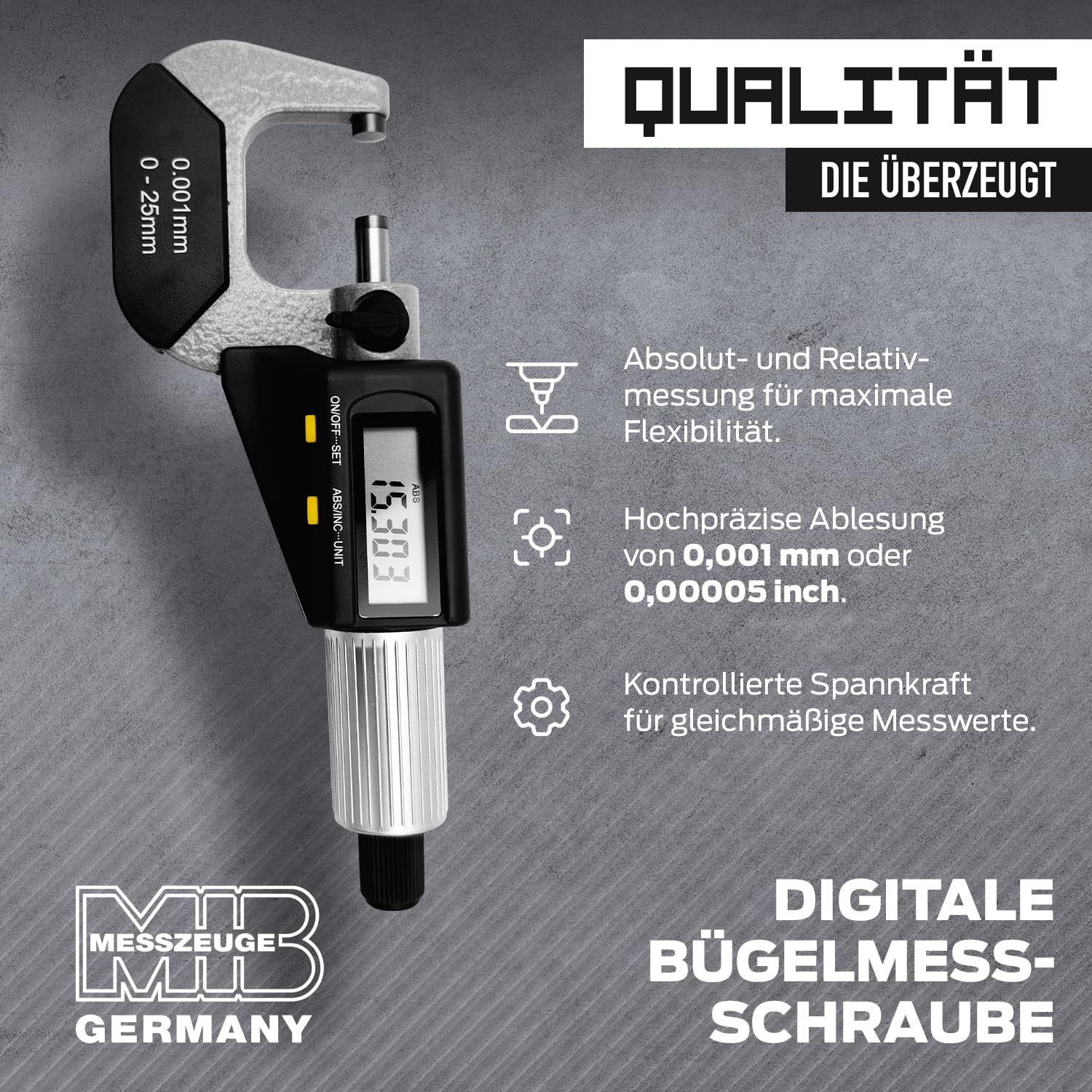 MIB - Micrómetro digital DIN 863, ABS, medidas precisas de 0-25 mm, micrómetro digital, herramientas electrónicas de medición y planificación, medidor de diámetro, superficies de medición HM, incluye
