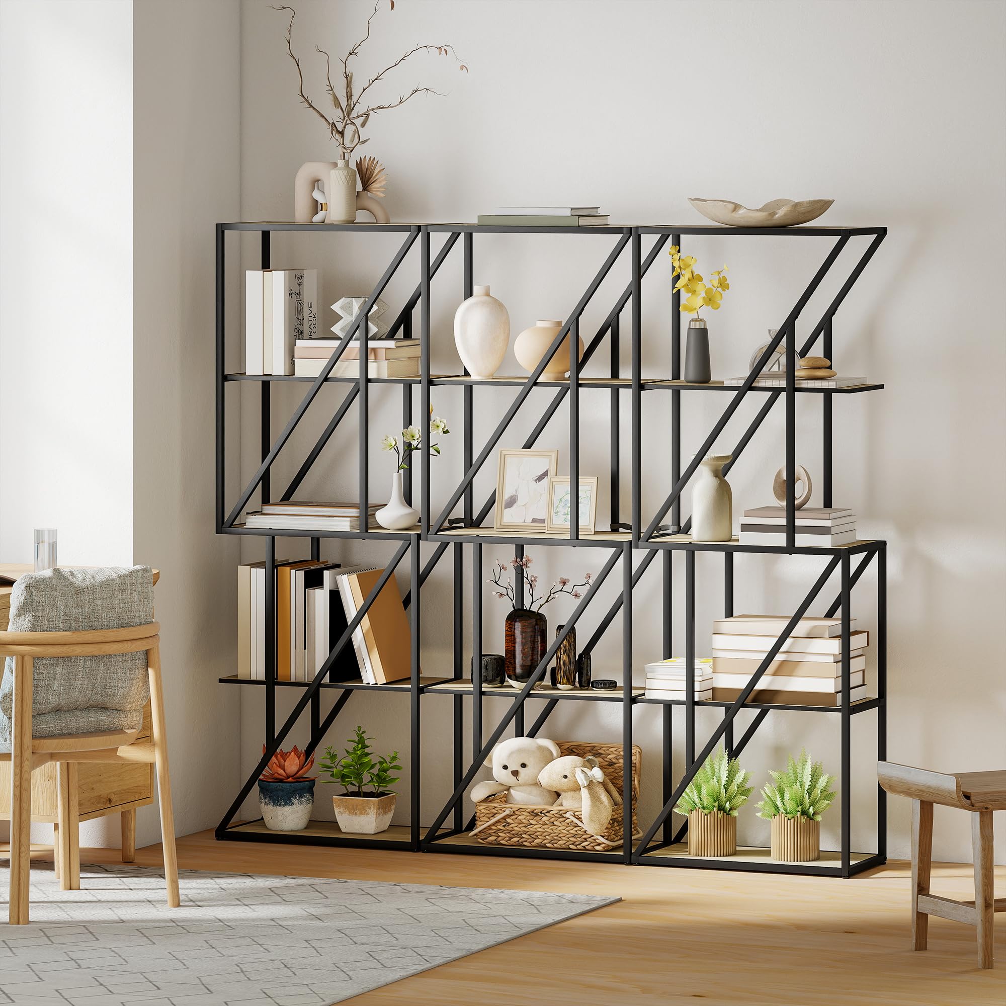 HOMCOM Librería de 5 Niveles con Estantes Abiertos 60x30x165 cm Roble | Estantería para Libros Industrial, Marco de Acero Entrecruzado, para Salón, Dormitorio, Oficina