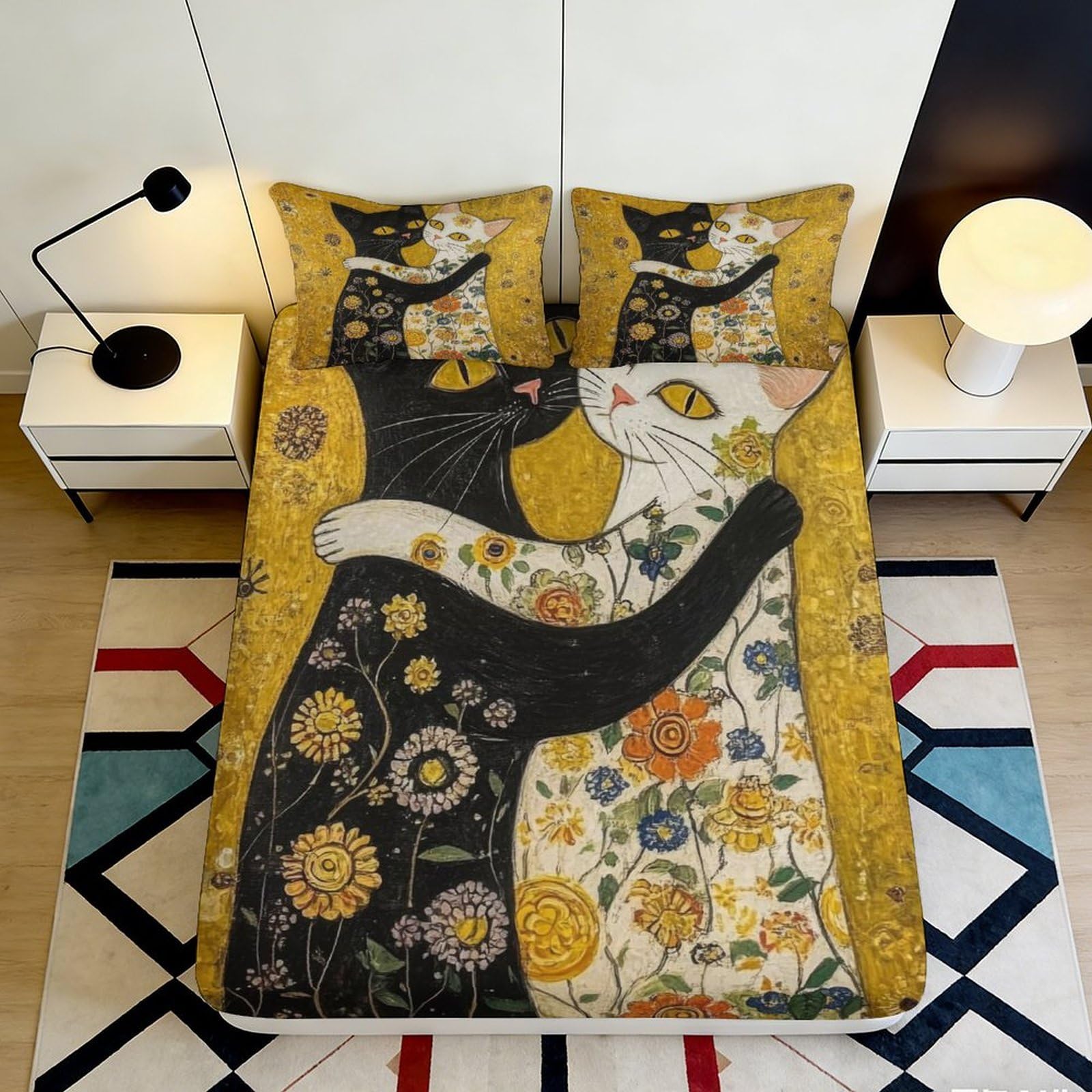3D Printed Artistic Cat Hug Fitted Sheet Microfiber Yellow Floral Bed Cover for Bedroom Guest Room Mattress Decor 90x200x25cm