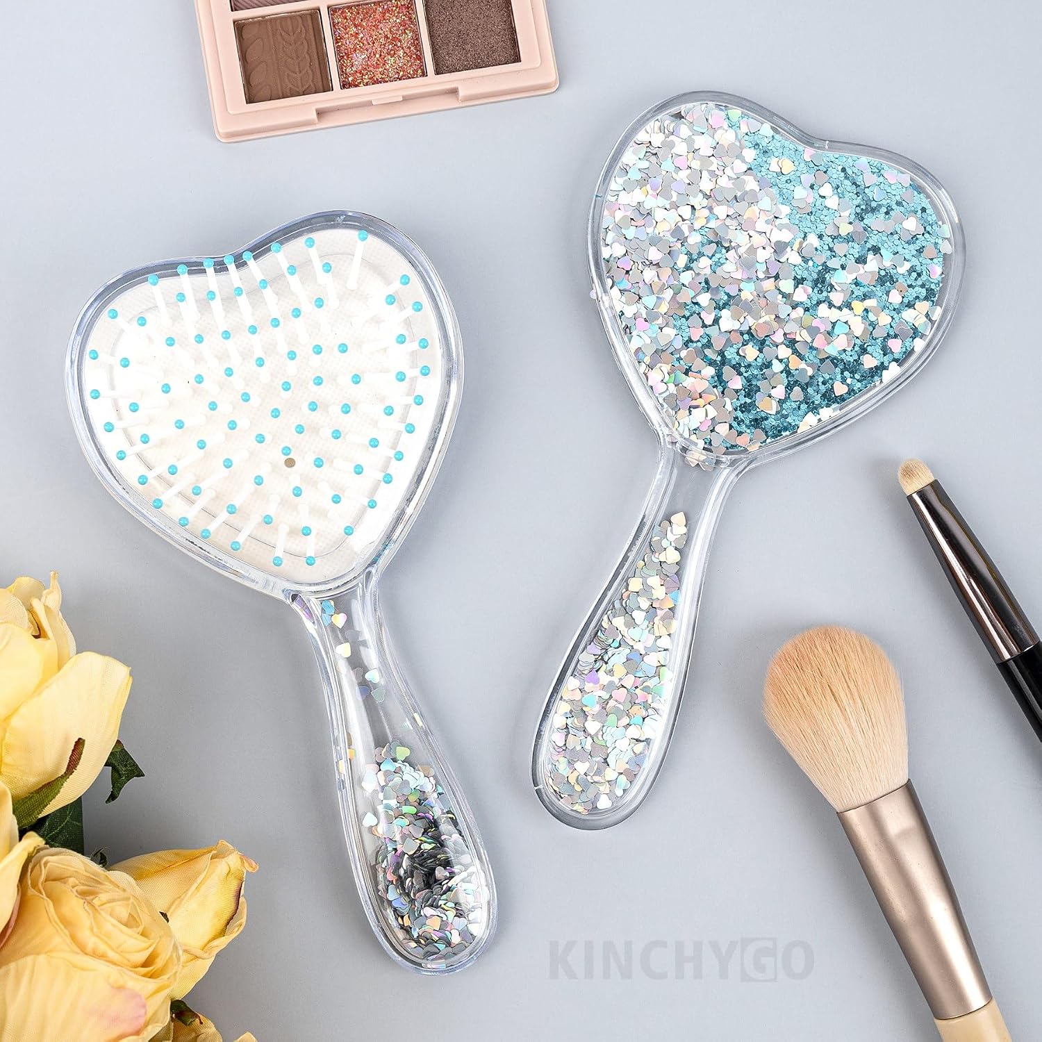 Glitter Rectangle Hair Brush and Sequin Handheld Mirror Set Blue image 3