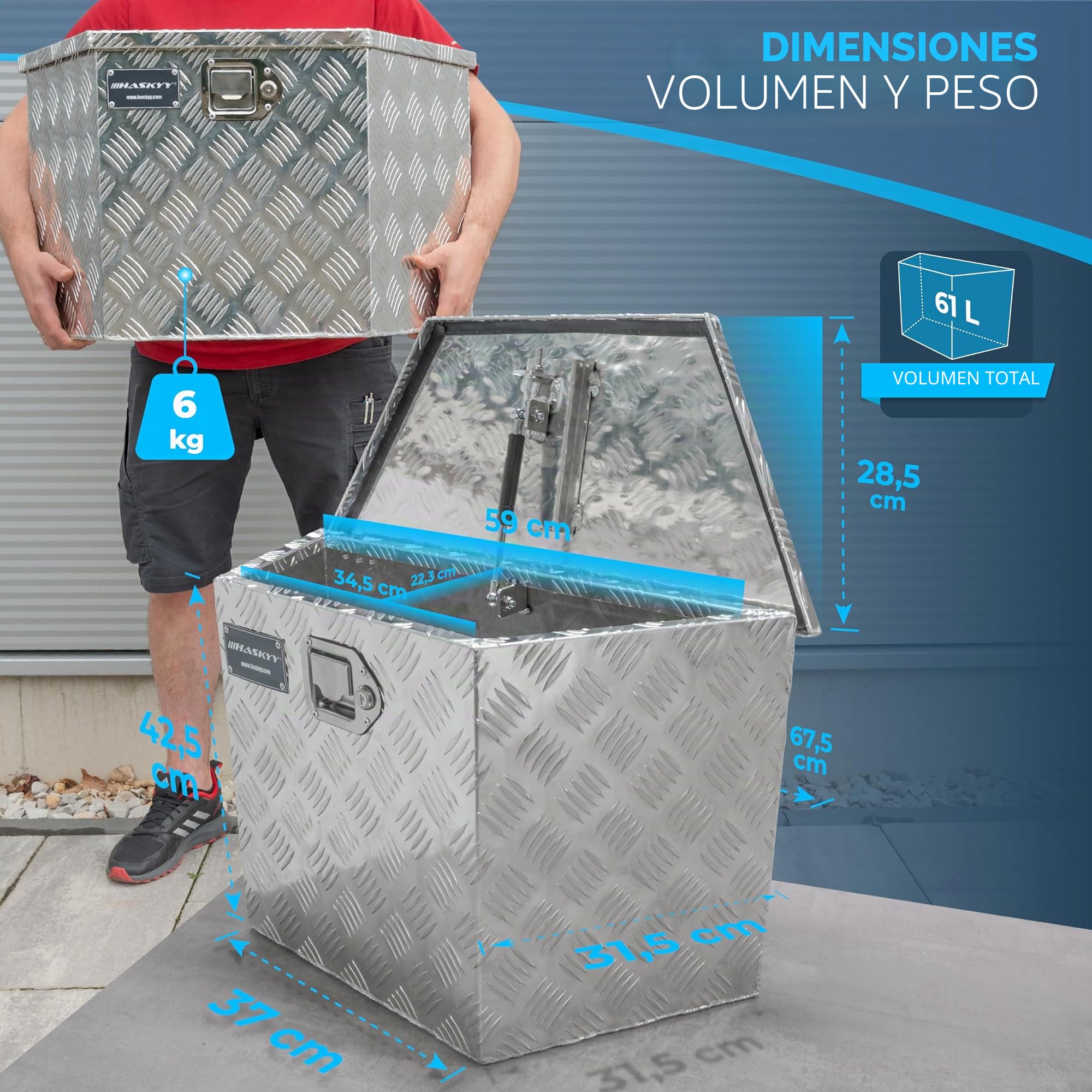 HASKYY Caja de transporte Caja de Herramientas de aluminio 61 L trapecio Caja de remolque 700 x 285 x 420 mm asa Lateral y Llaves Seguridad, a Remolque, Camioneta, Autocaravana