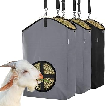 3 Packs Goat Hay Feeder,Hay Bags for Goats,Horses,Sheep,Premium 600D Oxford Cloth,with Metal Fastener and Adjustable Open Feed Hole for Slow Feeding