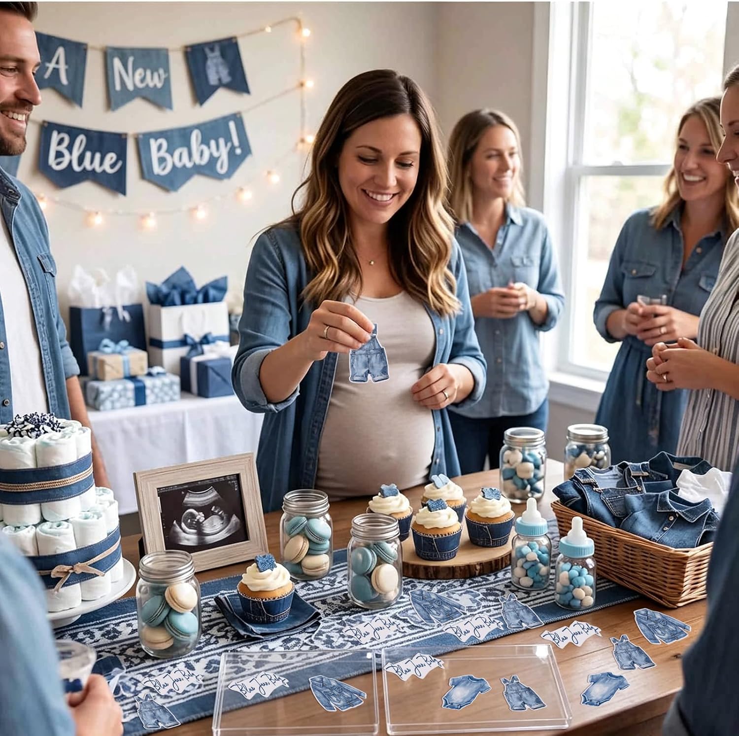 Sabary 400 Pcs Blue Jean Baby Shower Decorations Confetti, Denim Overalls Table Confetti Dots, Vintage Blue Jean Gender Reveal Welcome Baby Pregnancy Party Table Centerpiece Decor