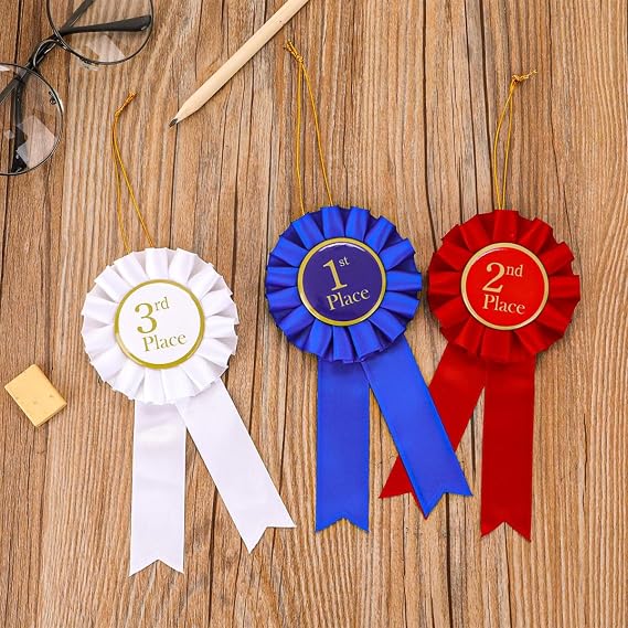 3 Pieces Award Ribbons Set, Rosette Ribbon Prize Ribbon 1st 2nd 3rd White Blue Red Award Ribbons