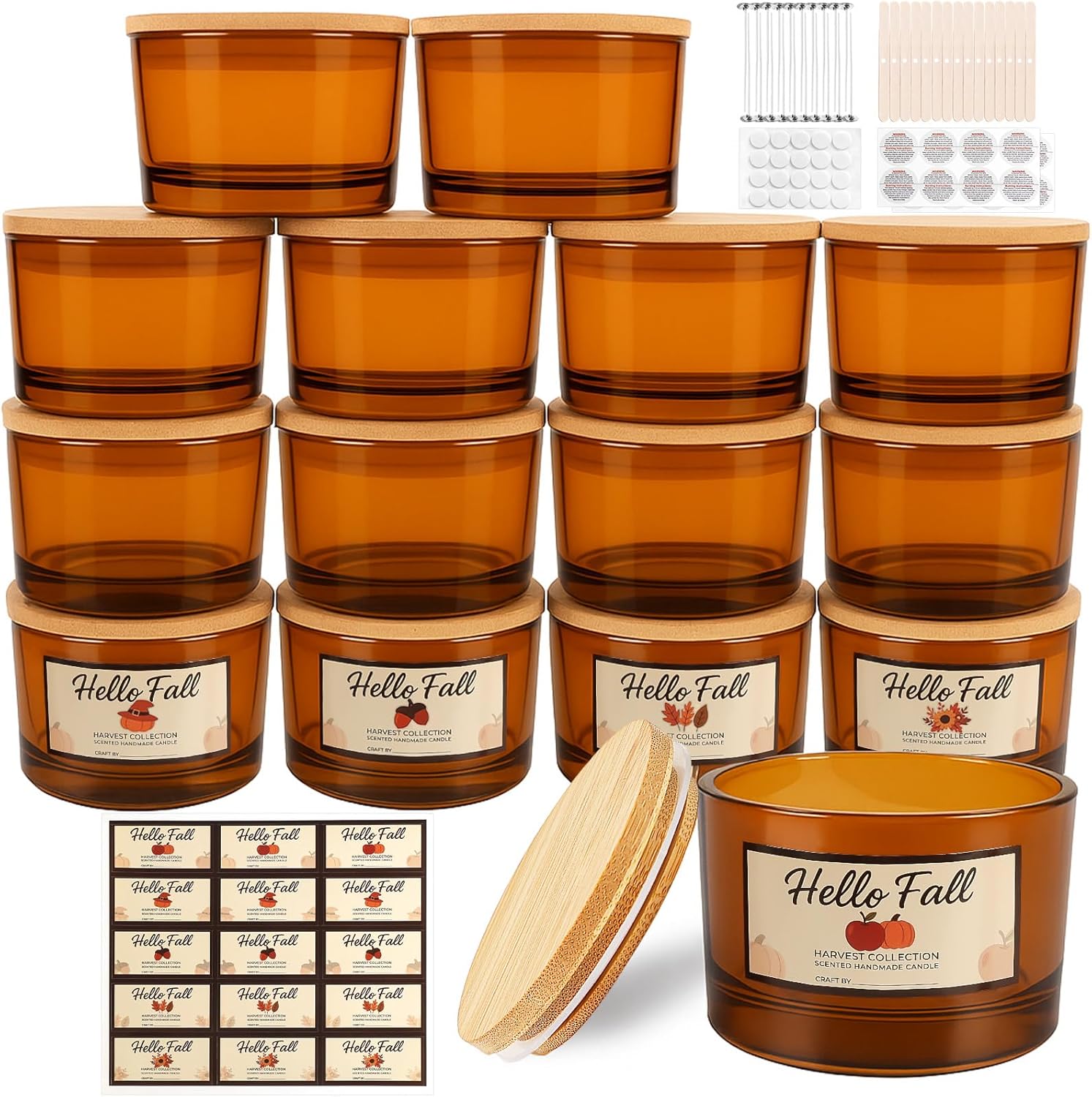 CONNOO 15 Pack 4oz Amber Glass Candle Jars with Bamboo Lids for Making Candles, Bulk Small Wide Mouth Glass Containers with Wick Kit for Candle Making, Ideal for DIY & Candle Business