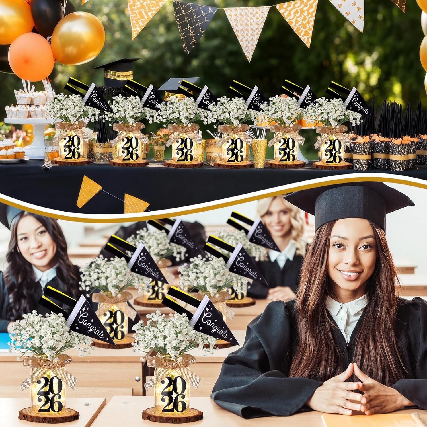 6 Pack Mason Jar Graduation Flower Centerpieces Class of 2026 with LED Light up Graduation Cap Decorations Congratulation Grad Party Supplies for Tables College Masters Degree Gifts